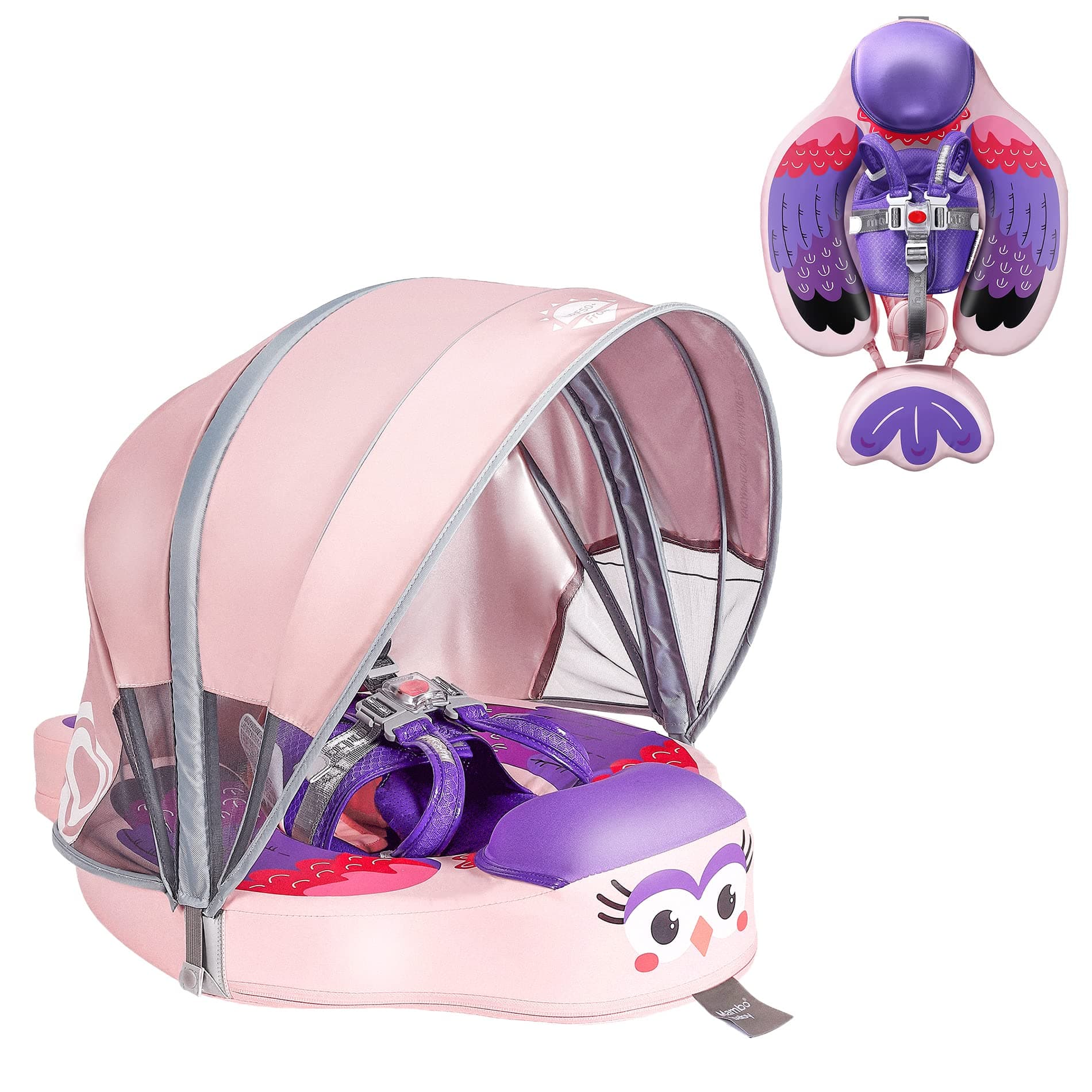 Upgraded Baby Pool Float Mambobaby Float with Canopy, Non-Inflatable Baby Floats for 3-24 Months, No Flip Over Swim Trainer for Infants (Bird-Purple)