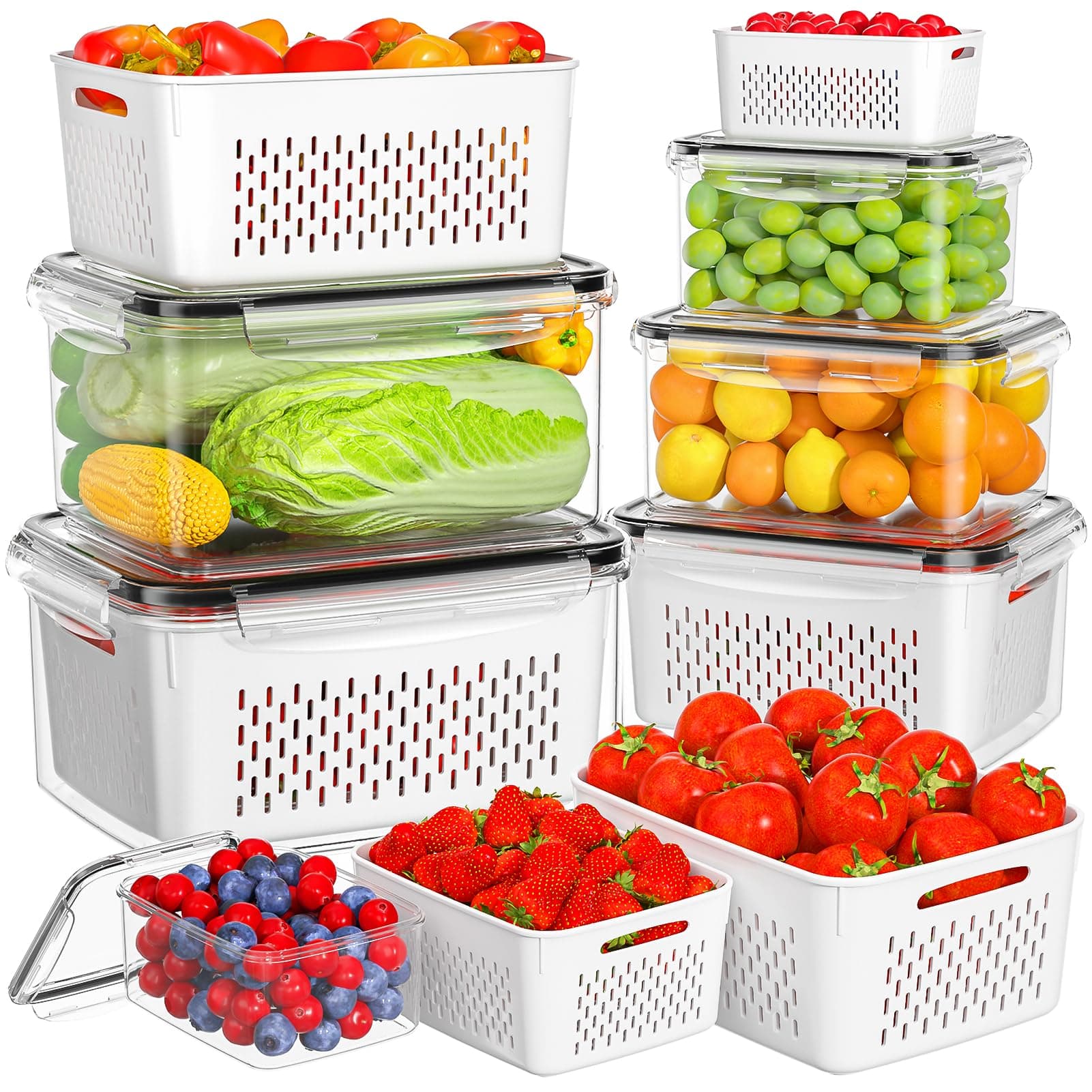 6 Pack Fruit Storage Containers for Fridge with Removable Colanders, BPA Free Food Storage Fridge Organizer, Dishwasher Safe Produce Containers Keep Fruits, Vegetables, Berry, Meat Fresh Longer