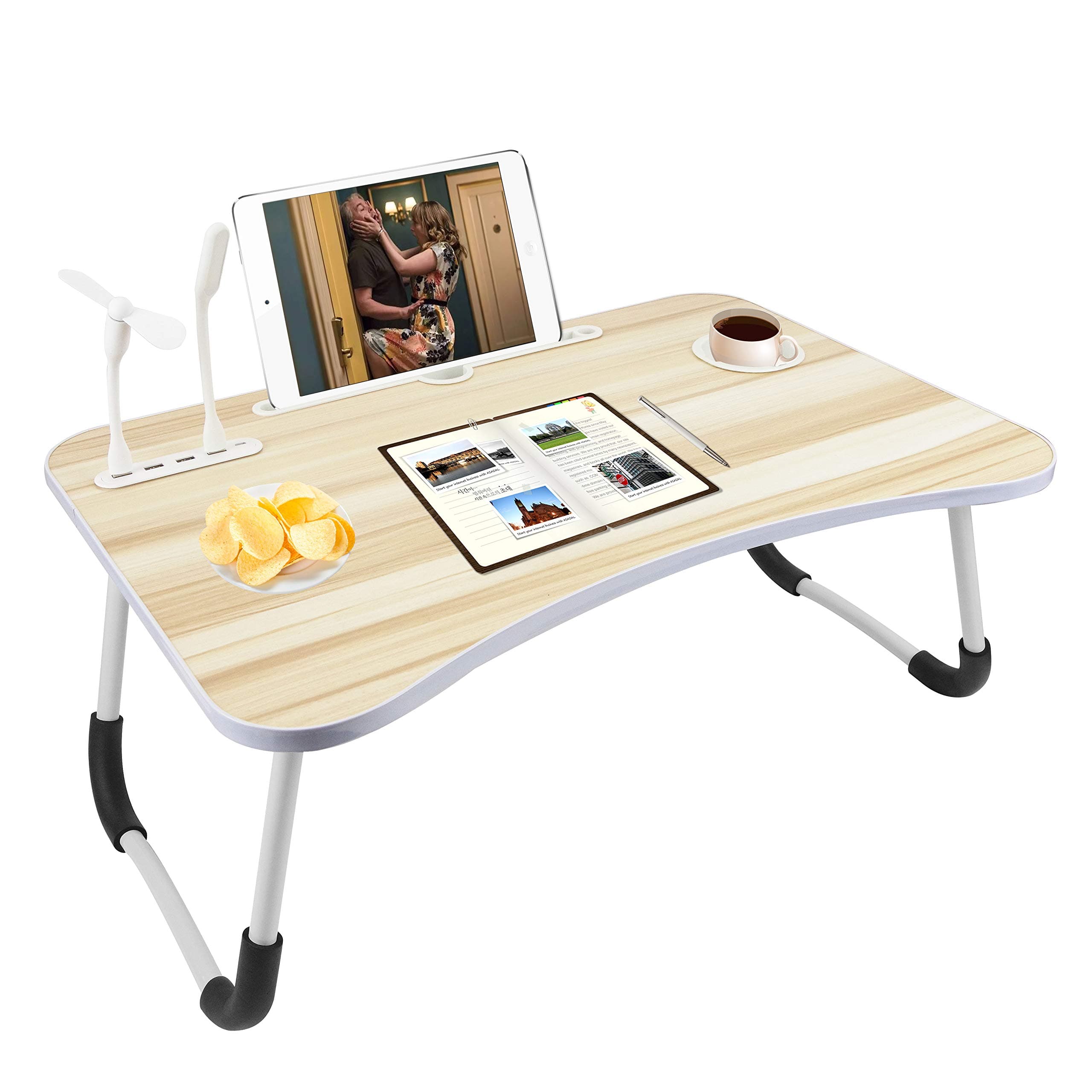 DolphinH+ Foldable Bed Table for Lap,Multi-Function Standing Laptop Bed Desk Tray wz Tablet Groove & USB Ports & Cup Holder,Portable Laptop Table Tray for Home/Dorm Work Study,Beige