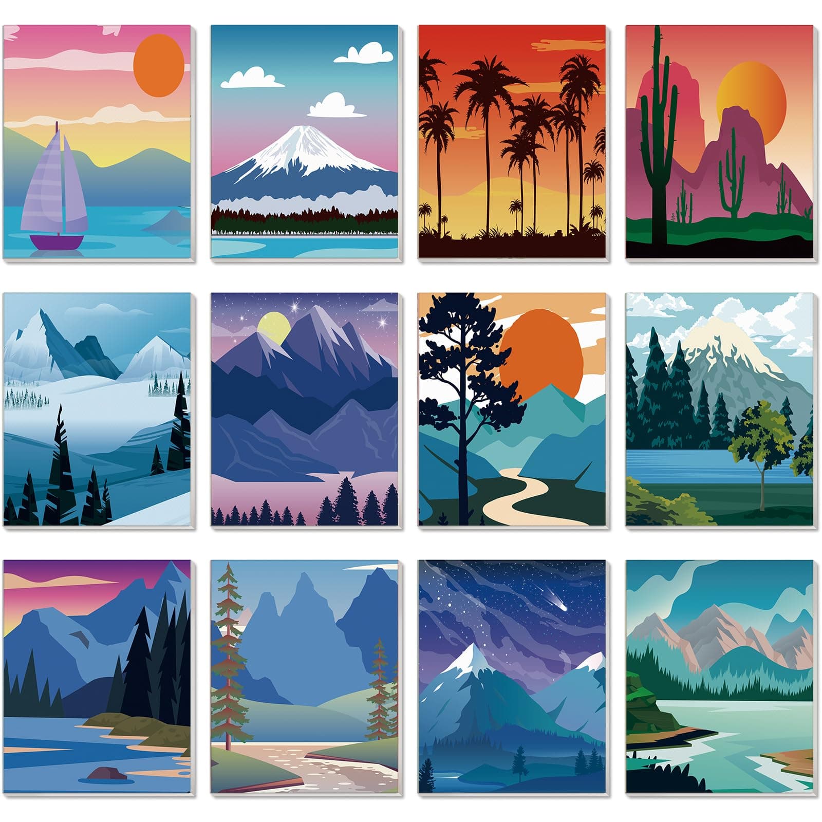 Sherr 12 Pcs Pre Printed Canvas Pre Drawn Canvas Cute Canvas Painting Set for Kids Printed Canvas to Paint Canvas Set Theme Canvas Painting for Party Favor (Landscape,8 x 8 Inch)