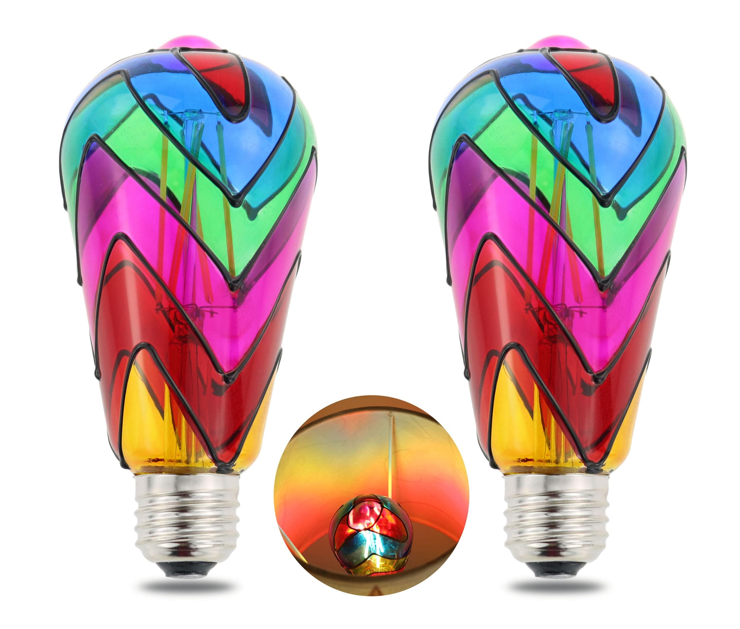 Dimmable Stained Glass LED Light Bulb E26 Base ST64 Shape 6W 120V 2-Pack
