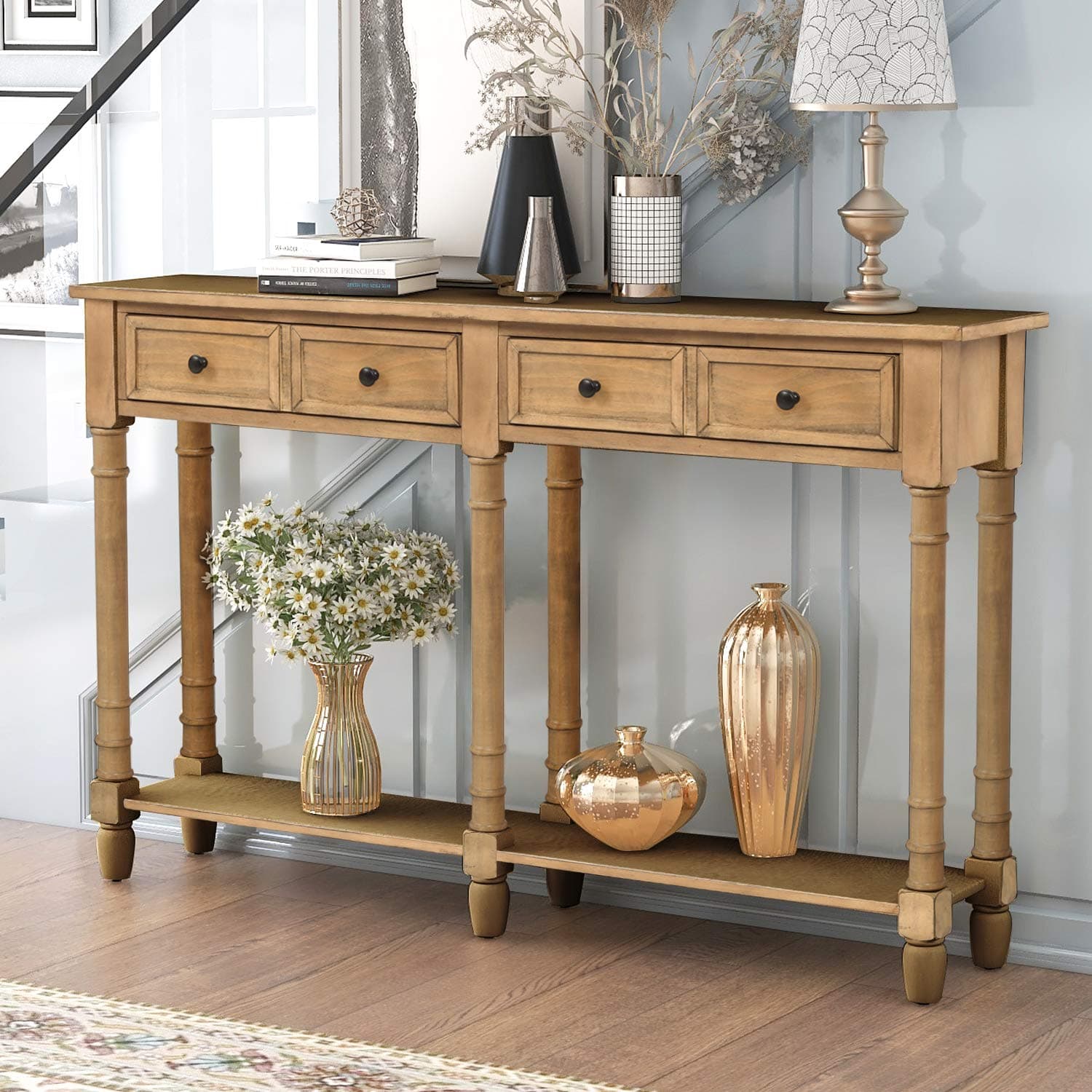 Merax Solid Wood Console Table with 2 Drawers for Living Room, Rustic 2-Tier Entryway Table with Bottom Open Shelf, 58 Inch Sofa Table Behind Couch for Hallway, Old Pine
