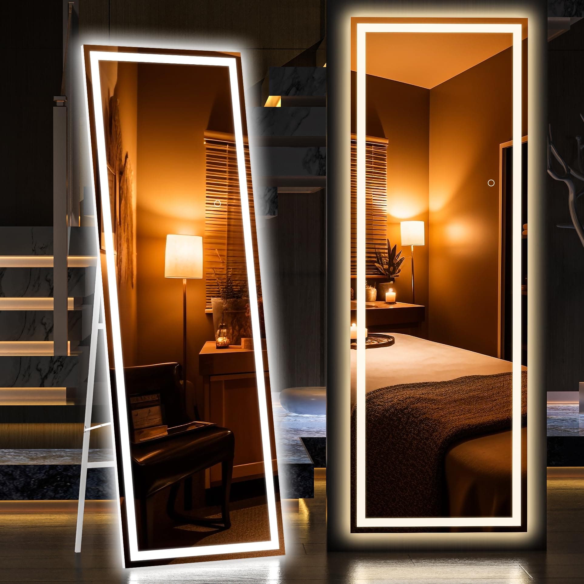 Hasipu Full Length Mirror with Lights, 65'' x 20'' Lighted Floor Standing LED Big Mirror Full Size Mirror Full Body Mirror w/Dimming & 3 Color Lighting Square White