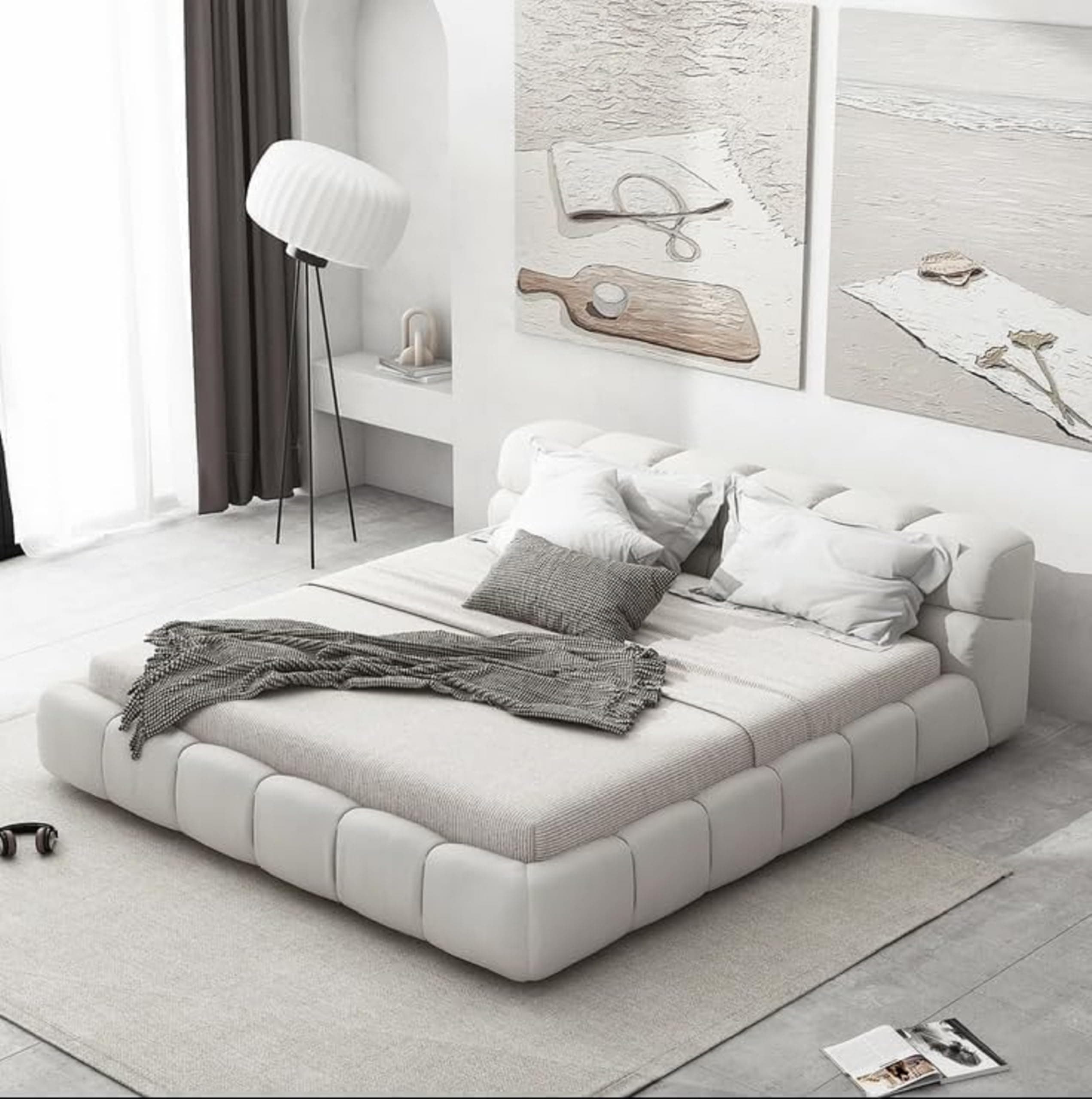 Zayn Comforts Fabric Upholstered Bed Frame with Square Headboard - Modern Platform Bed for Queen/King Size - Premium Wood Frame & High-Density Padding (Mattress Not Included)(White, 200X200cm)