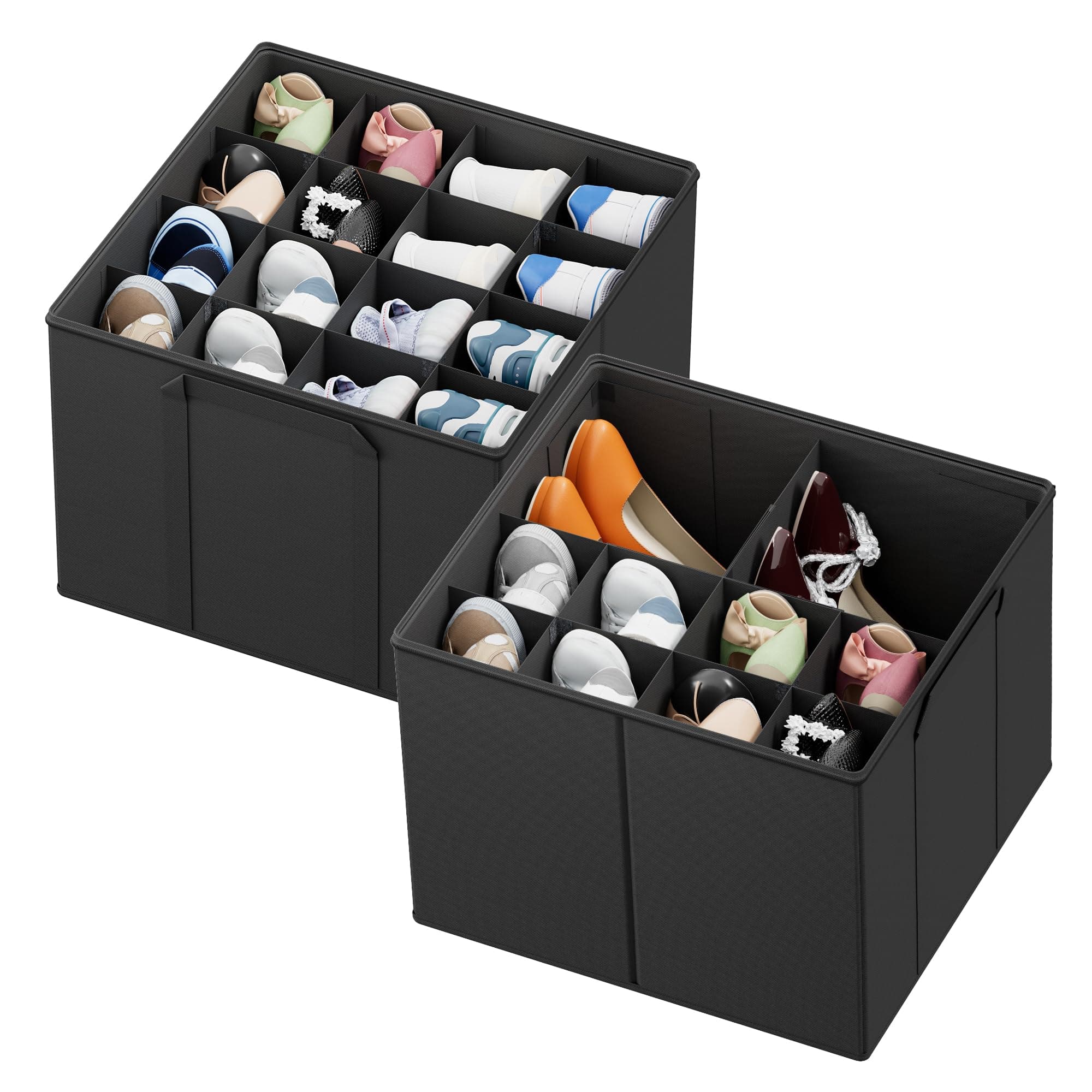 SpaceAid Shoe Organizer for Closet, 2 Pack Foldable Shoe Storage Containers Baskets Boxes Bins w/Adjustable Dividers, Fits 16-32 Pairs, Black