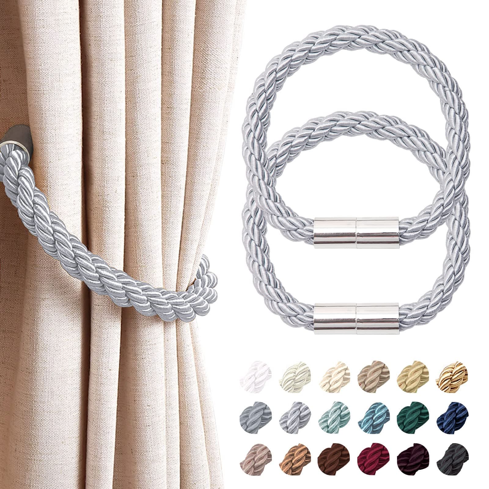 NICEEC 2 Pack Strong Magnetic Curtain Tiebacks Modern Simple Style Drape Tie Backs Convenient Decorative Weave Rope Curtain Holdbacks for Thin or Thick Home & Office Window Draperies (Light Grey)