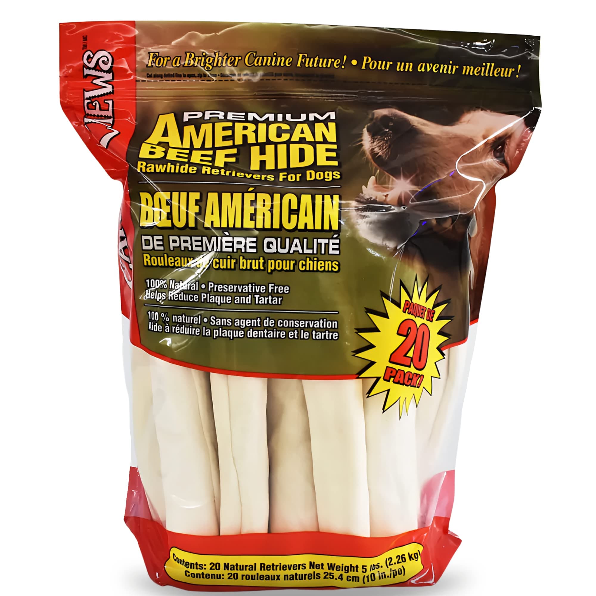 Canine Chews 10-11" Rawhide Bones for Large Dogs, Durable USA Beefhide Dog Rawhide Chews, Retriever Rolls 20 Pack (5 lbs)