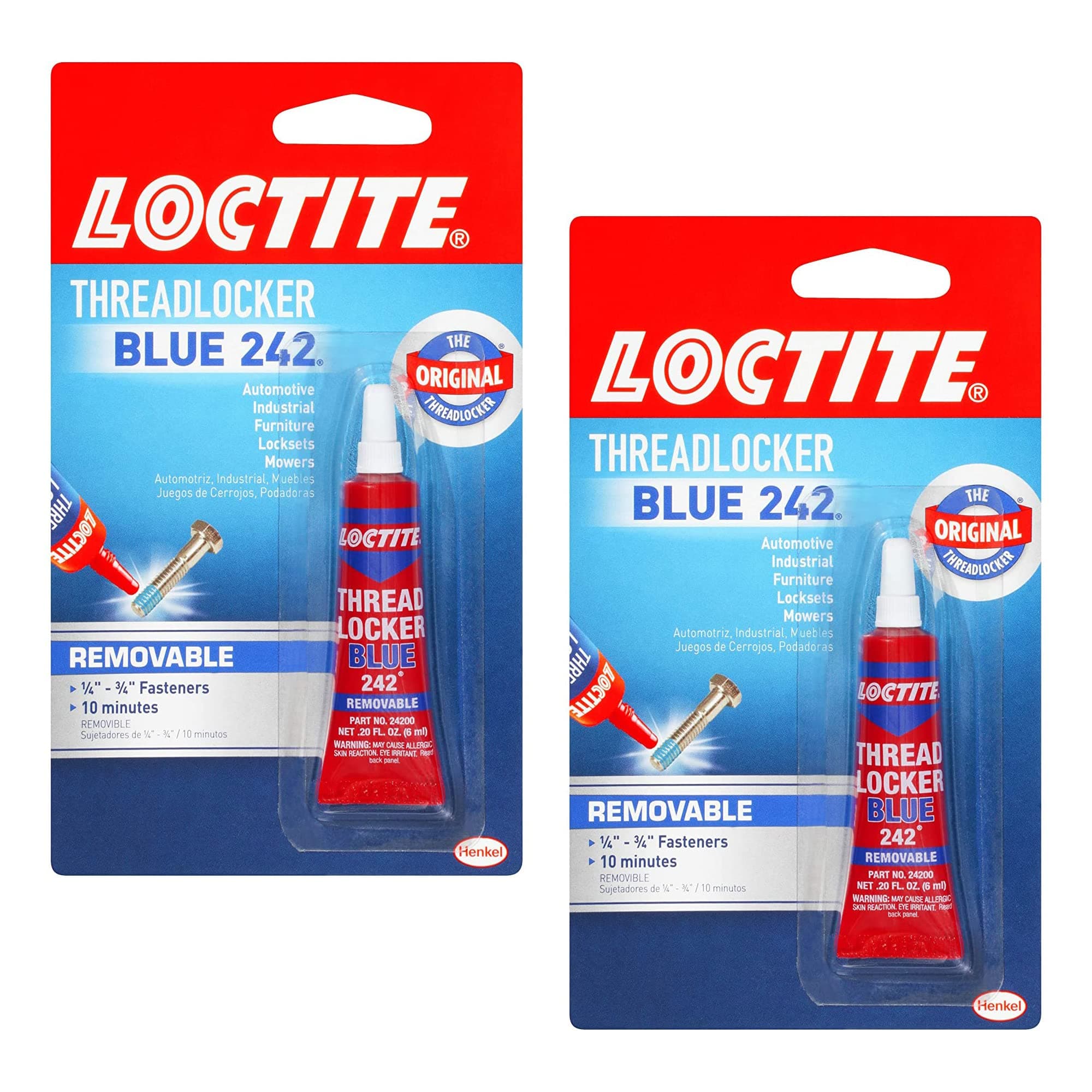LoctiteHeavy Duty Threadlocker, 0.2 oz, Blue 242, Single, 2 Pack
