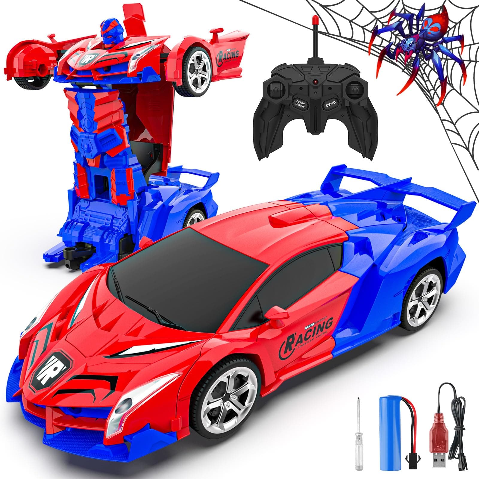 Transform Remote Control Car for Boys 4-7, 1:18 Scale Rc Cars for Boys Age 3-5, One-Button Deformation 360° Rotation Robot Toys, Spider Toys for 3 4 5 6 7 8 9 10 11 12 Years Old Kids (Red Spider)