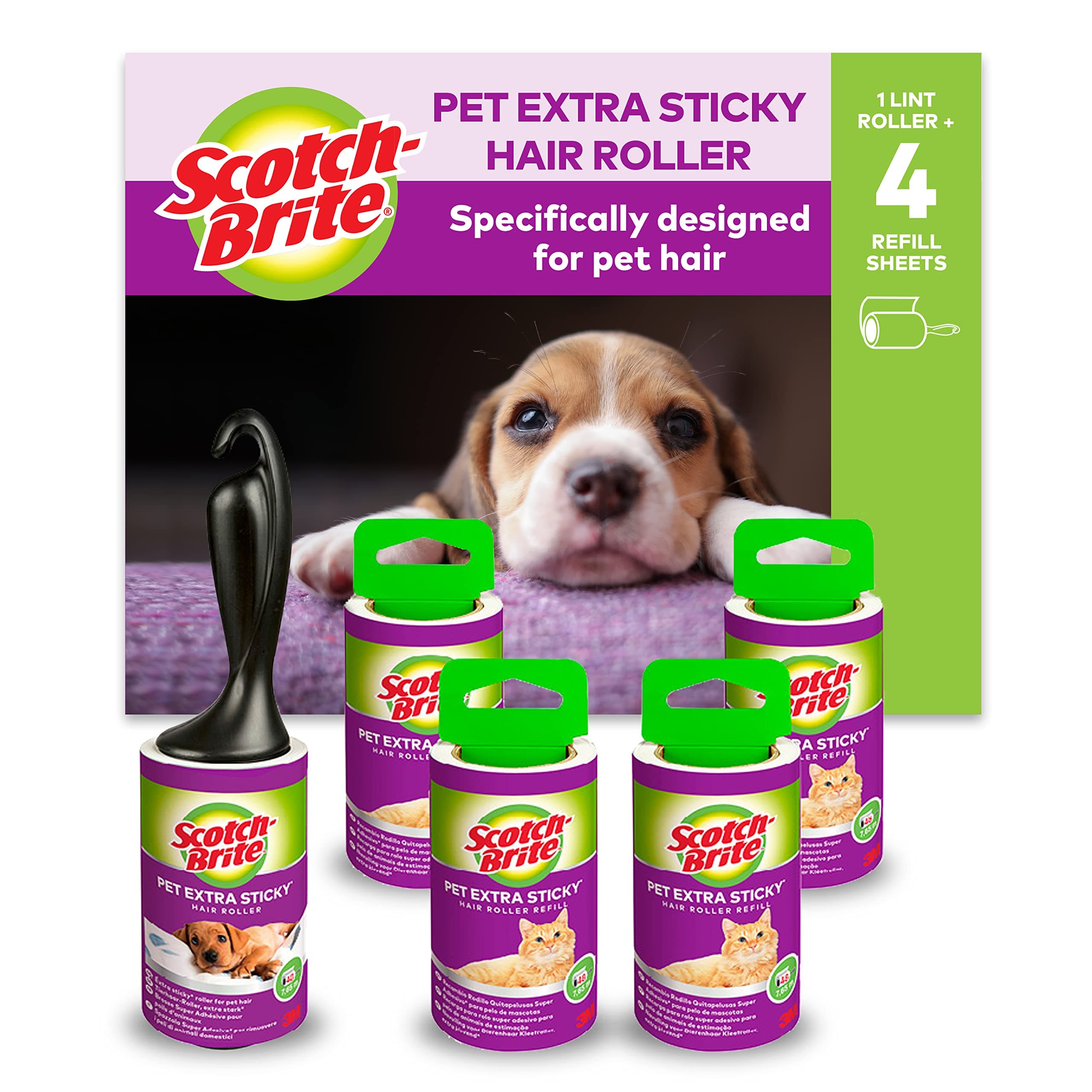 Scotch-Brite Pet Extra Sticky Lint Roller 48 Sheets + 4 Lint refill, 1 pet roller + 4 refills/pack | Ideal for cleaning animal hair | Lint remover from Clothes | Portable and Reusable | Value pack