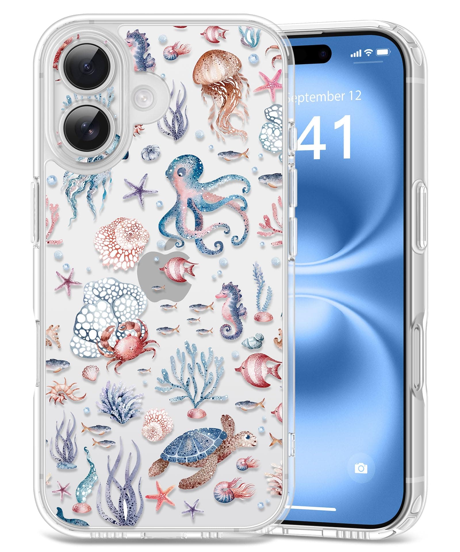 for iPhone 16 Plus Case, [Full Camera Protection] [Not Yellowing] [Military-Grade Drop Protection] Cute Clear Slim Shockproof Protective Phone Cover for Women Girls 6.7", Sea Turtles/Blue