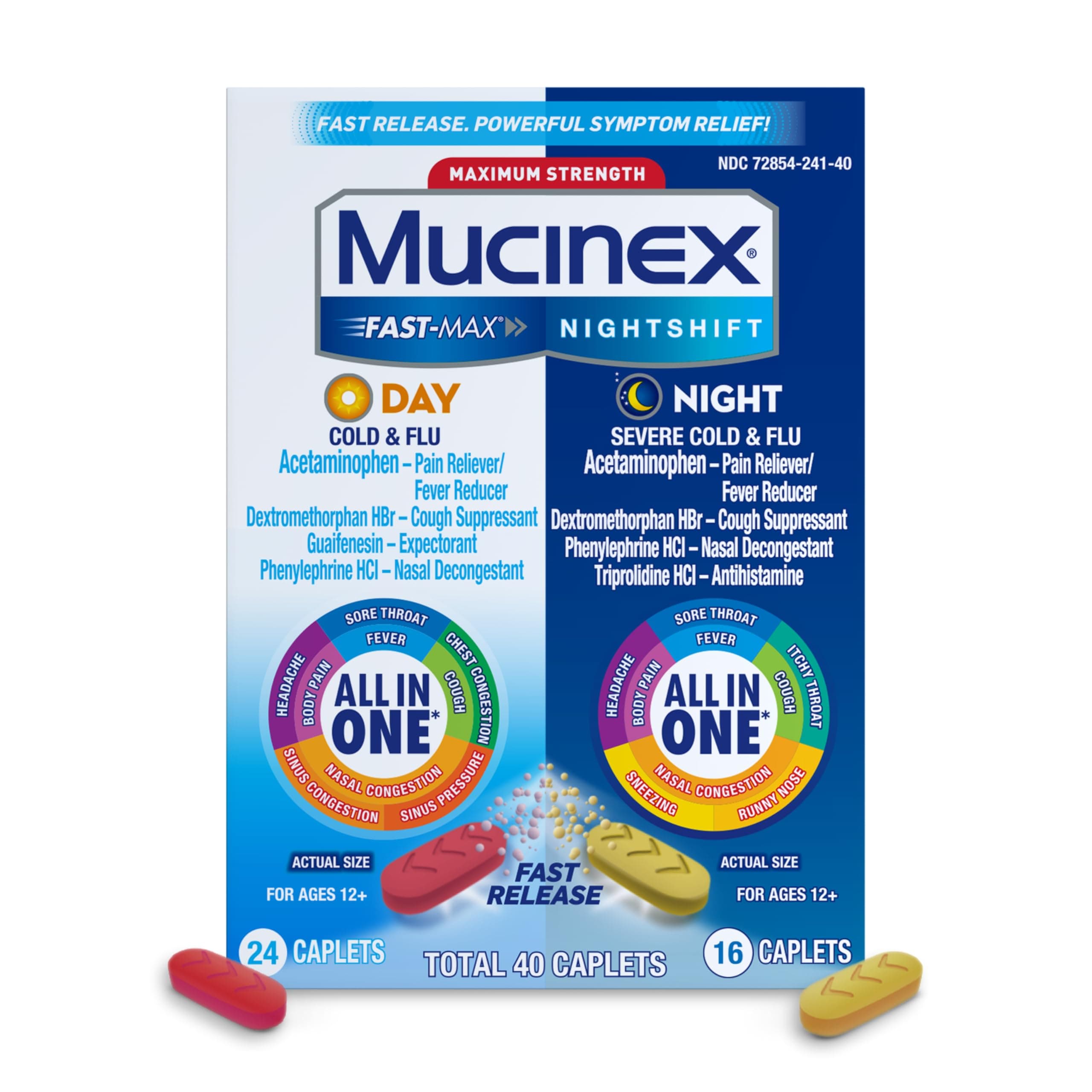 - Fast-Max Day Cold and Flu & Nightshift Night Severe Cold and Flu Medicine for Adults, Day/Night Combo Pack for Fever, Sore Throat Relief, Decongestant, Cough & Cold Medicines, 40 Caplets