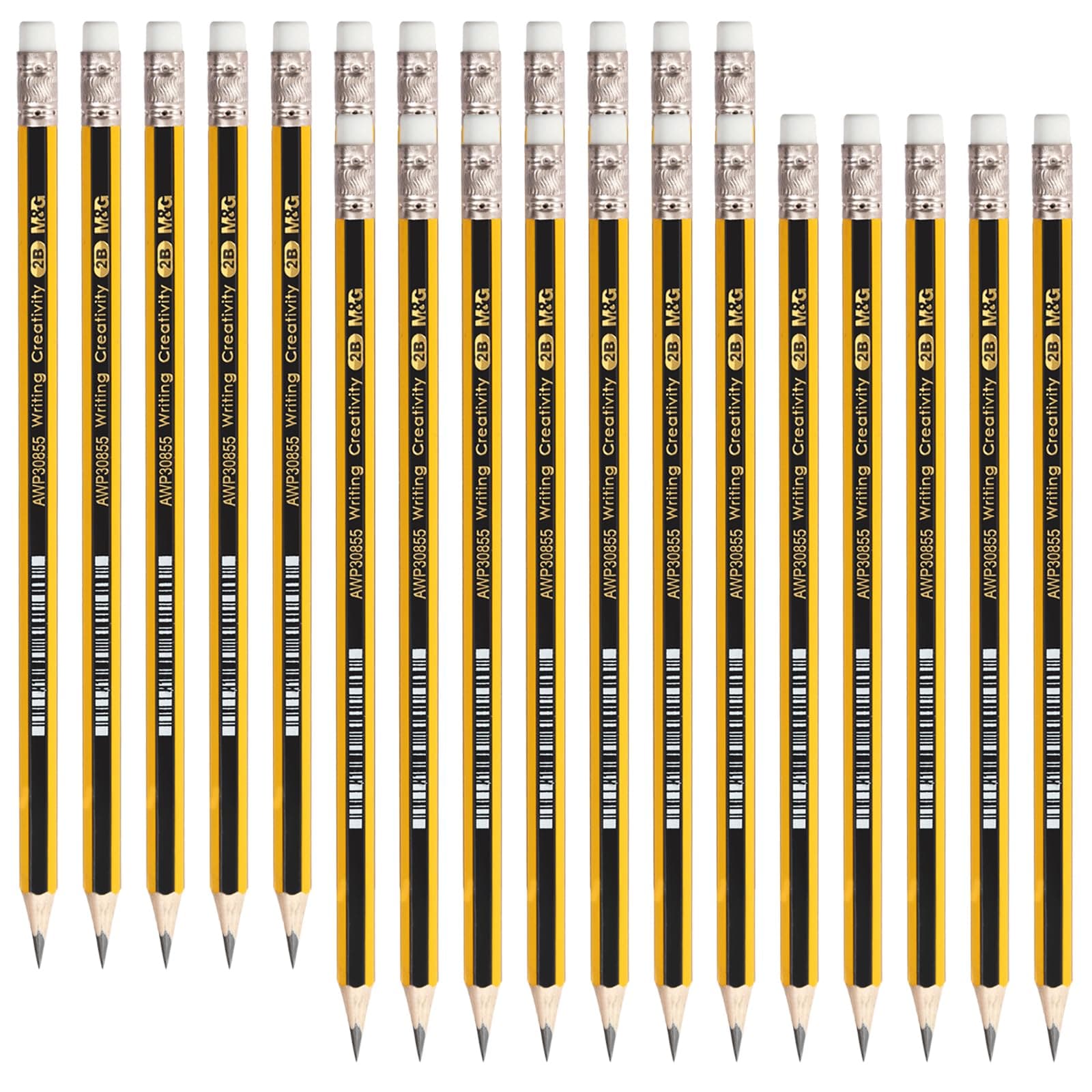 M&G 24 Pack Pre-Sharpened 2B Wooden Pencils with Top Erasers, Ideal for Schools, Offices, and Homes