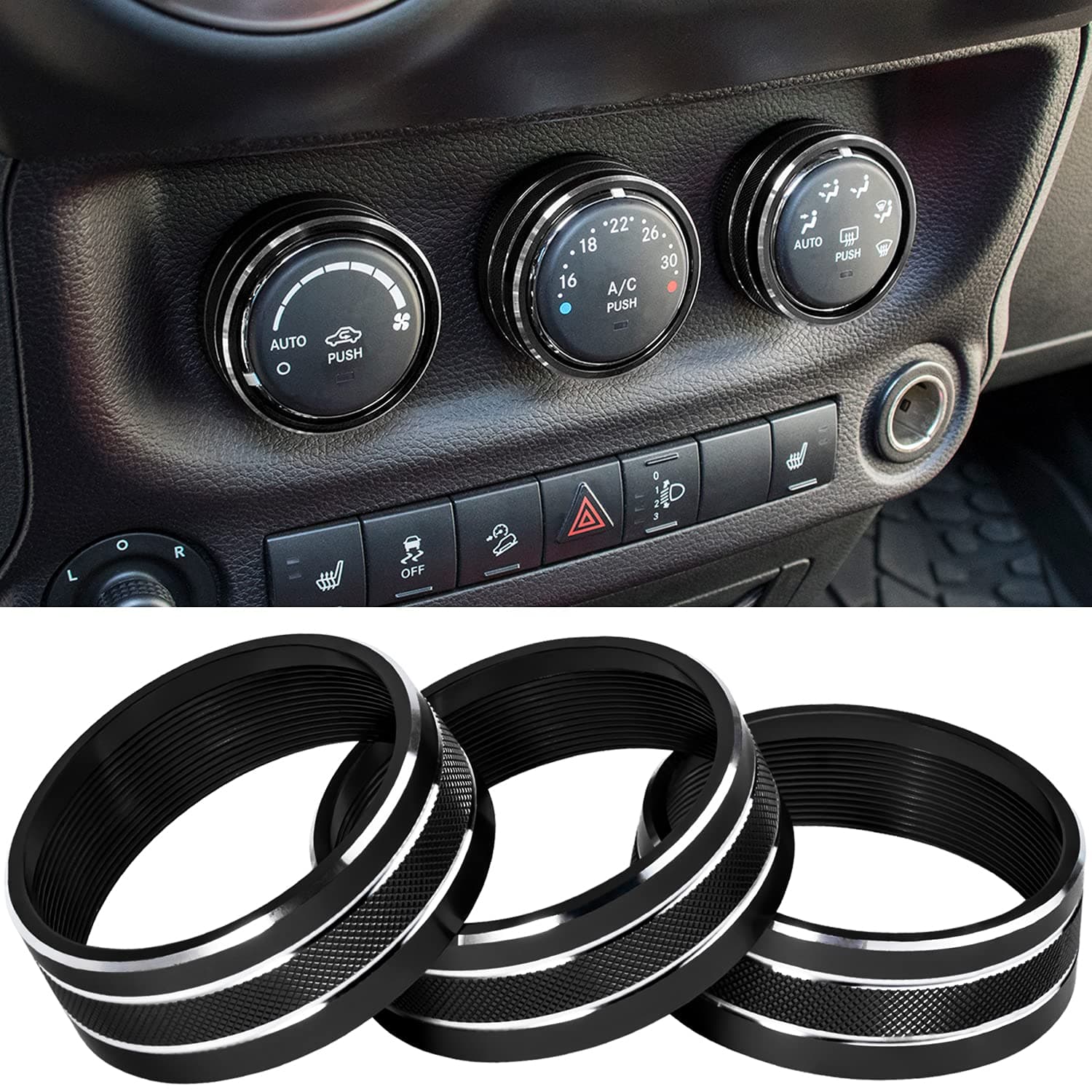 Audio Air Conditioning Button Cover Decoration Twist Switch Ring Trim for Jeep Wrangler JK JKU Patriot 2011-2018, Compass 11-16, Liberty 08-12, Dodge Challenger 08-14 Interior Accessories Black