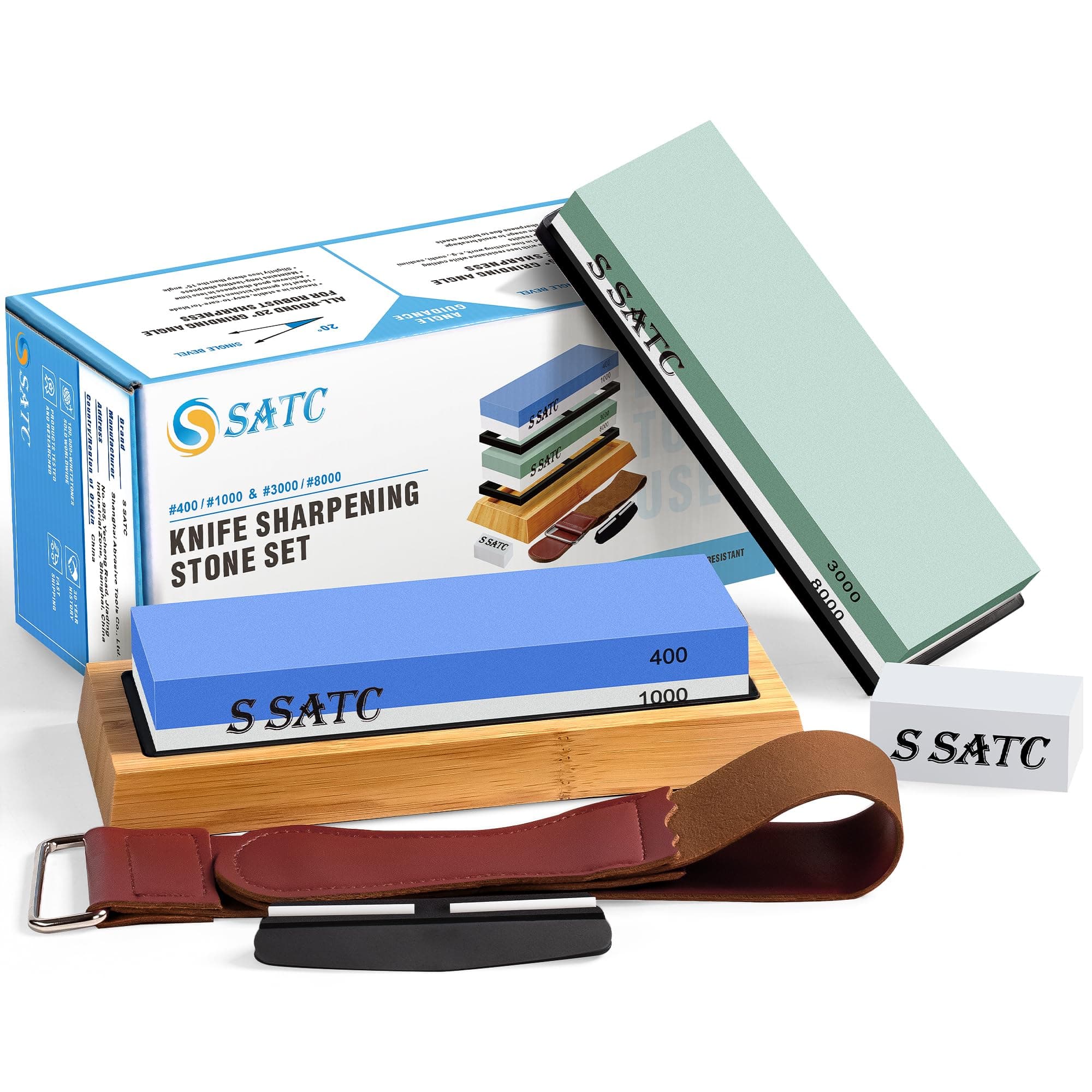 S SATC Knife Sharpening Stone Whetstone 4 Side Grit 400/1000 3000/8000 Stone Knife Sharpeners with Nonslip Rubber Bases, Wood Base, Flattening Stone, and Leather Strop