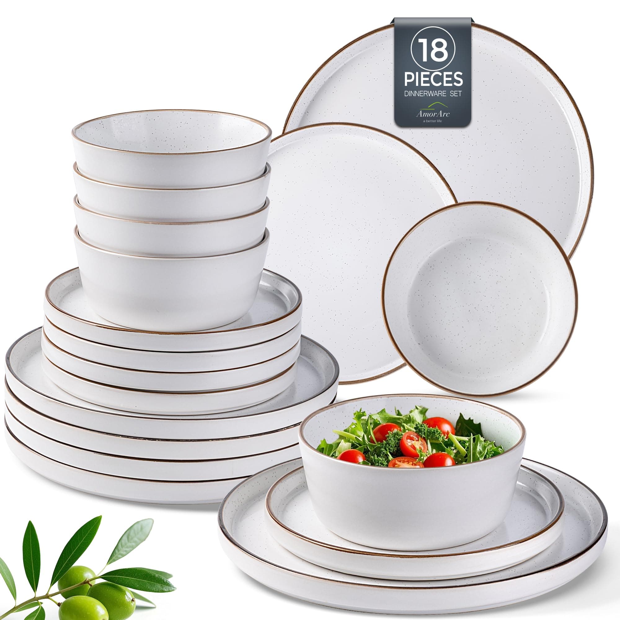 AmorArc Dinnerware Set for 4, 12 Pieces Ceramic Plates and Bowls Set, Handcrafted Speckled Stoneware Plates Set, Dishwasher & Microwave Safe Dishes Set - (White, Service for 6)