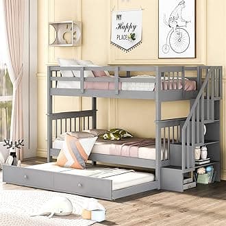Harper & Bright Designs Twin Over Twin Bunk Bed with Stairs and Trundle, Solid Wood Stairway Bunk Bed Frame with Storage, for Kids Teens Adults – Gray