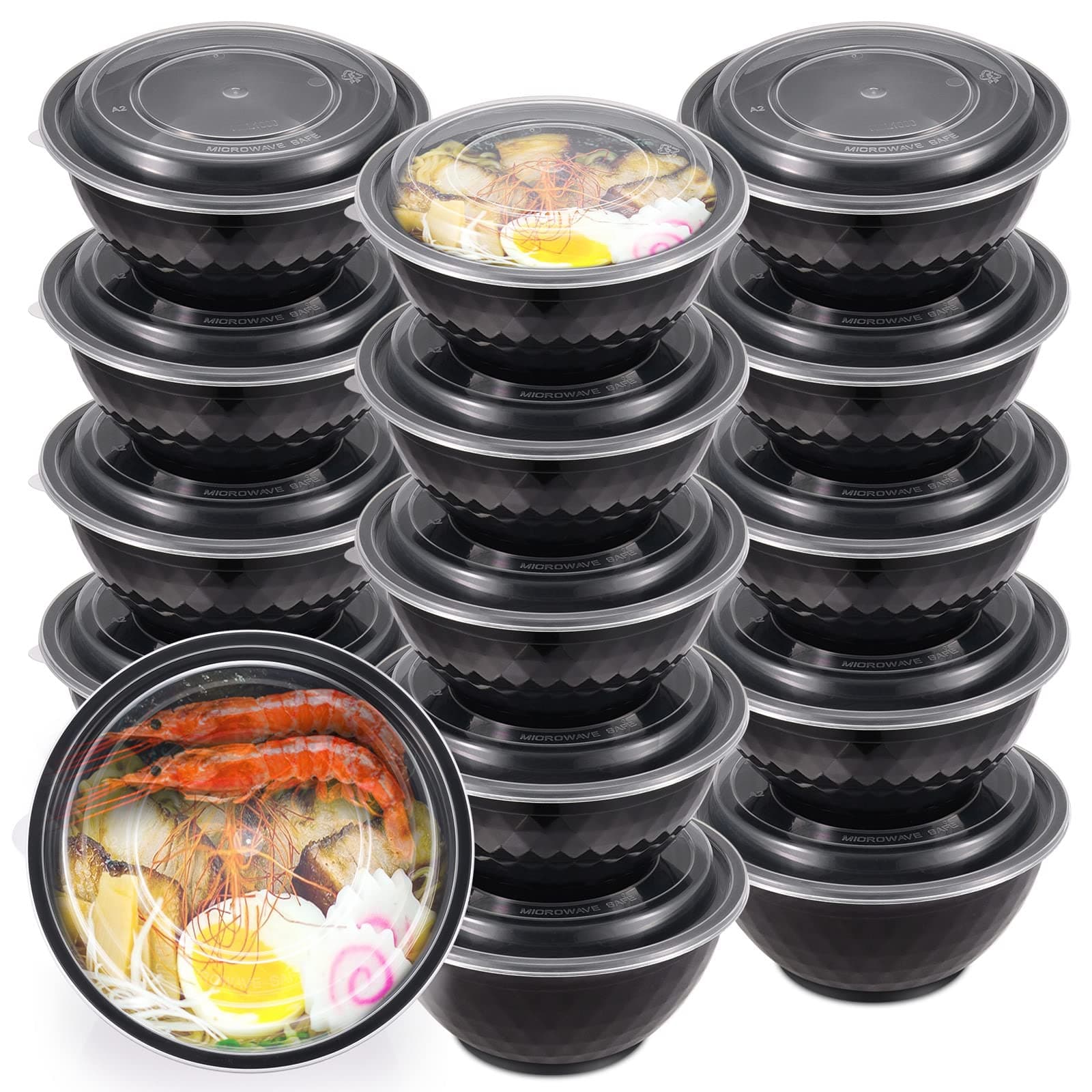 Kitch’nMore 36oz Extra-Thick Meal Prep Bowls with Lids, Plastic Containers with Clear Covers for Noodles, Poke Bowl, Salad, Soup - Freezer, Microwave & Dishwasher-Safe (30Pack)