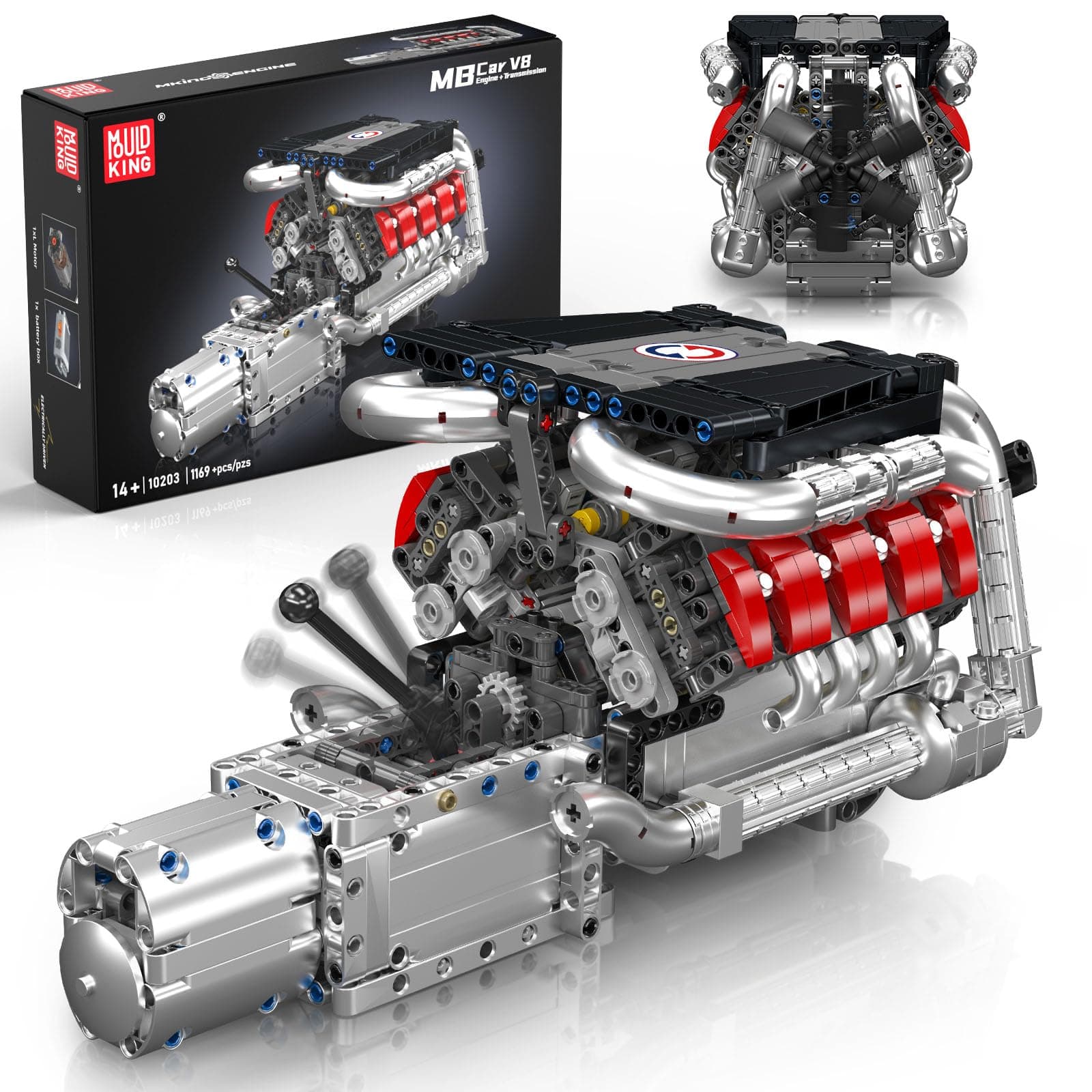 Mould King 10203 V8 Engine Model Kit That Works,Mini Engine Toys Scale with Motor,MOC Engineering Model Building Kit, Physical Science Experiment Model, Best STEM Toy Gifts for Kids/Adult(1169+PCS)