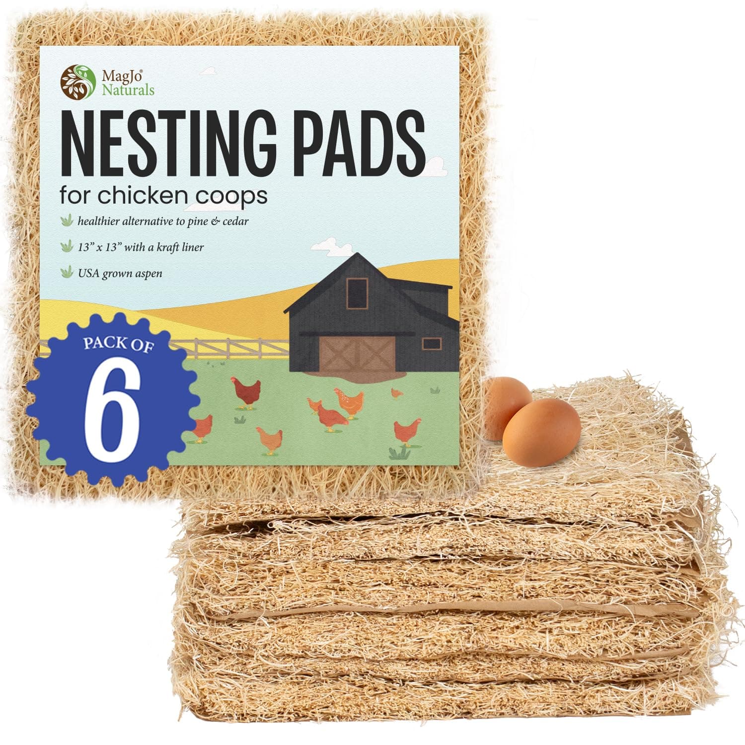MagJo Aspen Nesting Pads for Chicken Coops - USA Grown Aspen Excelsior Nest Box Liners 13x13-6 Pack