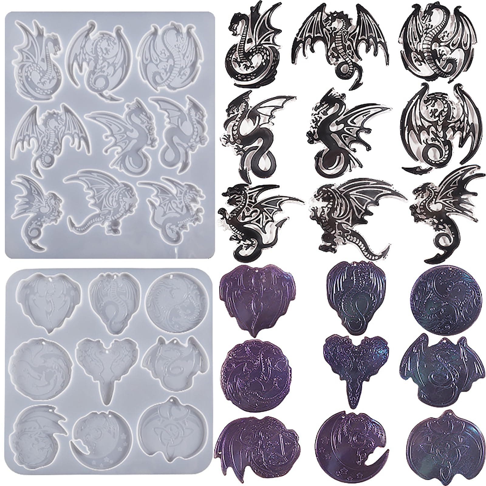 2 Pack Dragon Keychain Resin Mold - 9 Cavities Each - Multiple Style - Pendant - Resin Casting Silicone Molds for Home Decor & Candle Making Wave Spiral Mold