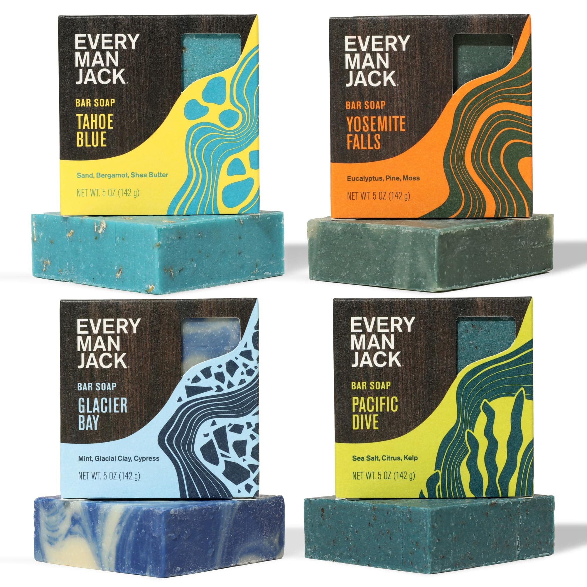 Every Man Jack Cold Plunge Mens Bar Soap Set - Deeply Cleans, Hydrates with Naturally Derived Ingredients - Includes Iconic Scents like Pacific Dive, Glacier Bay, Tahoe Blue, Yosemite Falls, 4 Bar Set