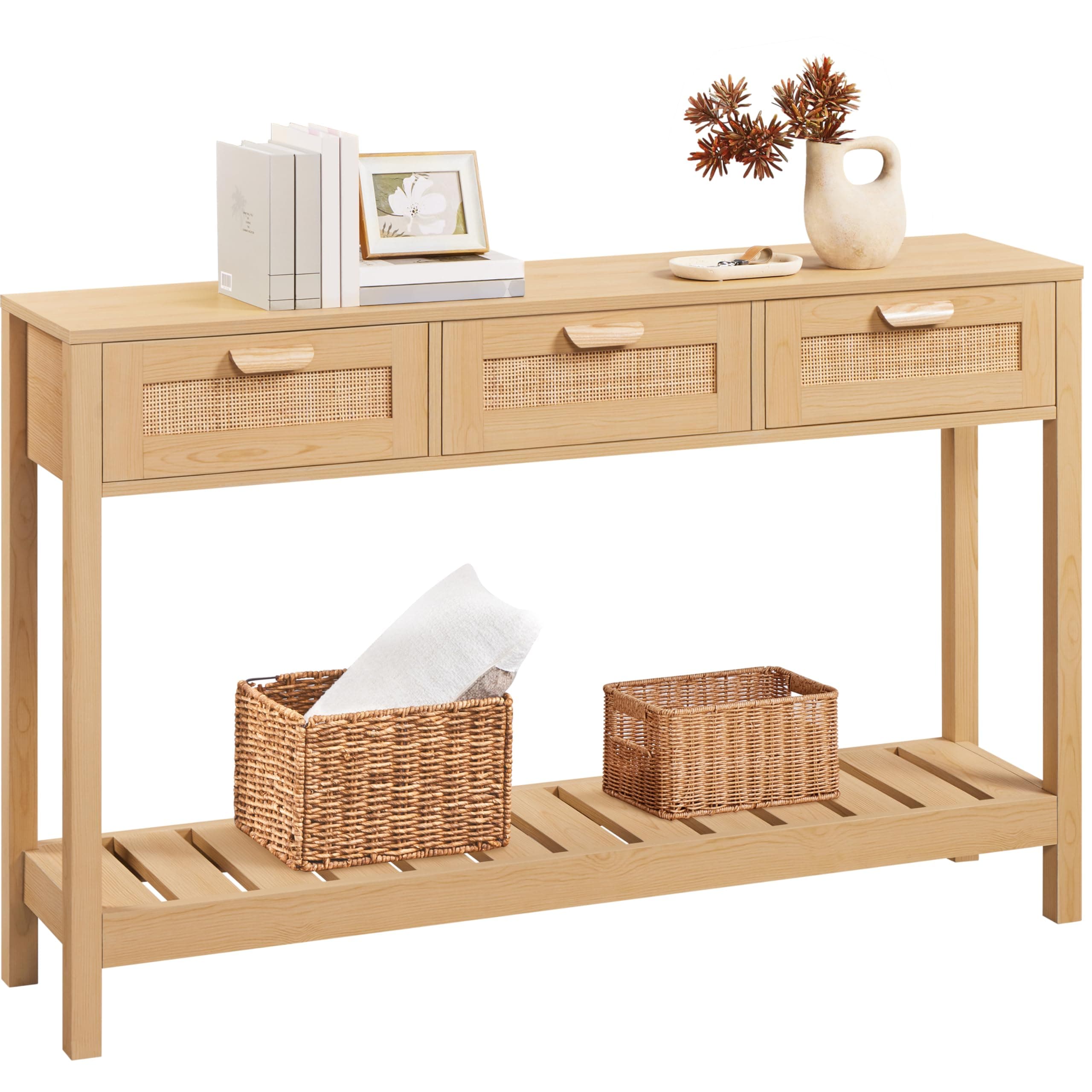 Yaheetech Rattan Console Table, Boho Entryway Table with Storage Drawers and Shelf, Long Hallway Table Foyer Table Sofa Table for Living Room, Corridor and Hallway, Natural Wood
