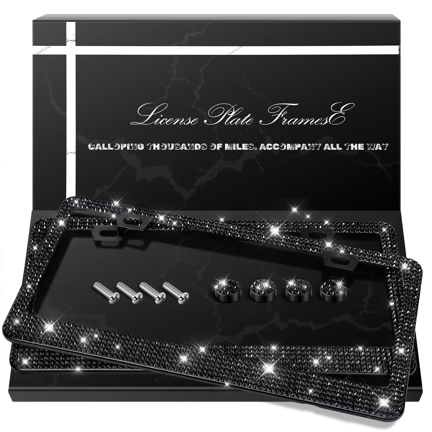 QUANQIUFEI 2 Pack Bling License Plate Frames, Sparkly Rhinestone Diamond Car License Plate Cover for Women, Stainless Steel Car Accessories with Glitter Crystal Caps (Black)