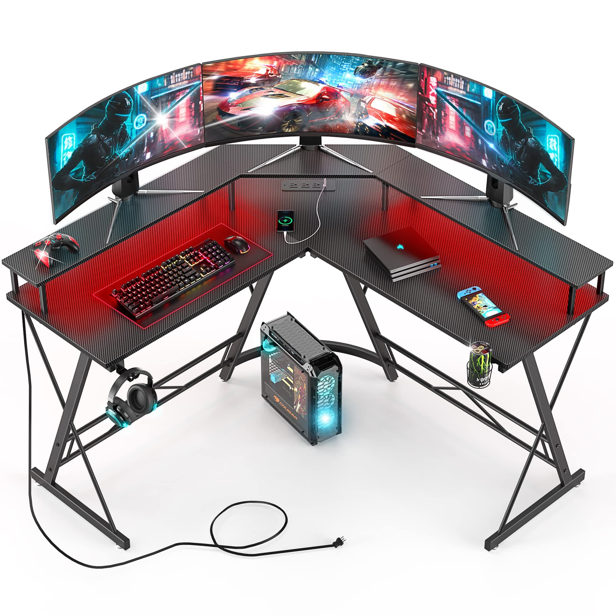 Gaming Desk with Led Lights, L Shaped Corner Computer Desk with Power Strip, Carbon Fiber Surface Gaming Table with Monitor Stand＆Cup Holder, Headphone Hook, Graphite Black