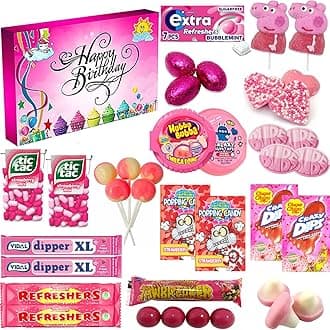 Retro Sweets & Chocolate Mixed Gift Hamper Box | Sweet treats & Chocolates | Pink Birthday Box | Perfect for kids parties,Birthday| Happy Birthday Pink Colour (C5) Stylish Unique Box (VSTAR)