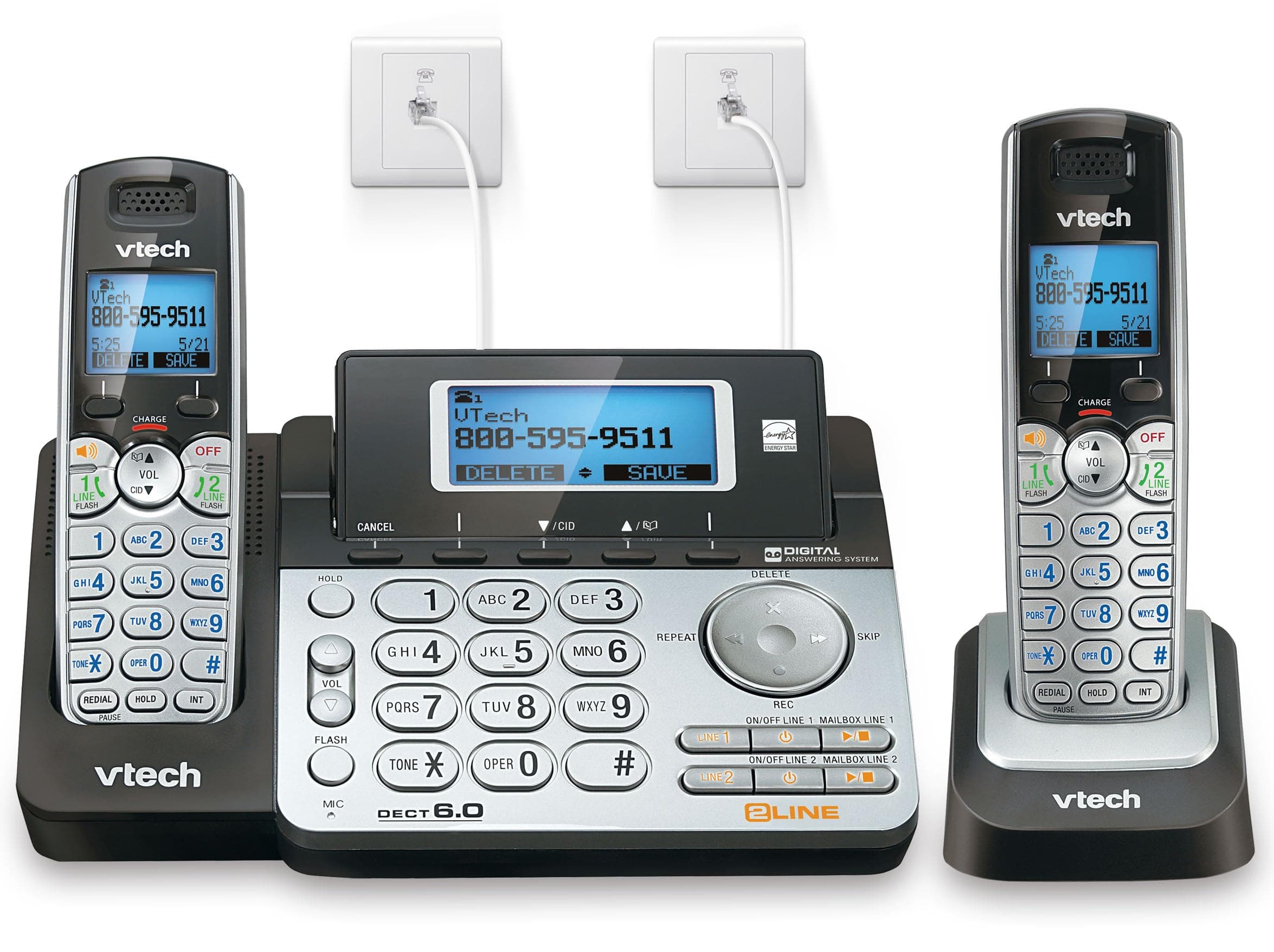 DS6151-2 2-Line Expandable Cordless Phone System with 2 Handsets, Digital Answering System, Caller ID, DECT 6.0 - Home & Small Business (Black/Silver)
