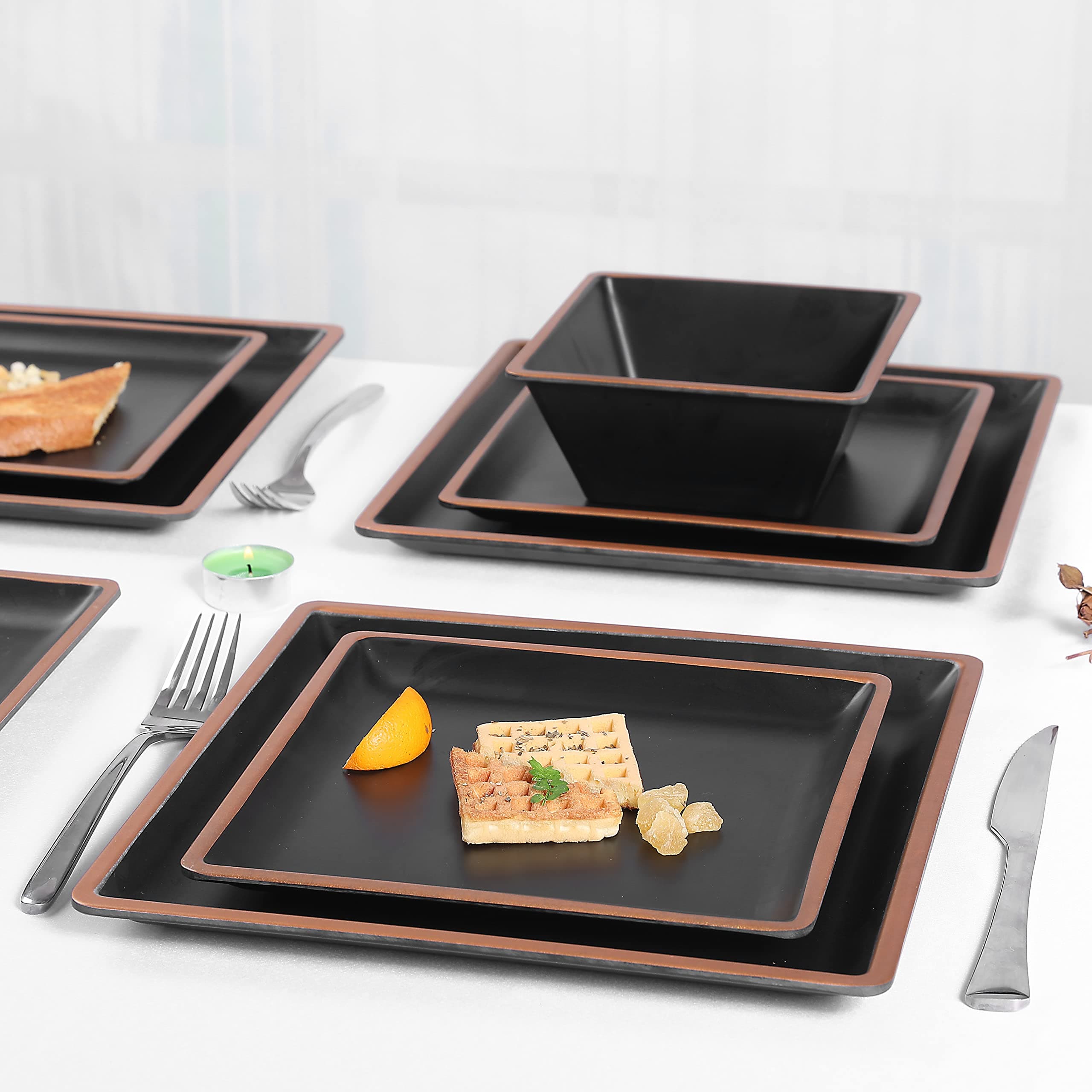 GofunfunMelamine Dinnerware Sets Service for 4, Square Dinner Plates and Bowls Set,12-Piece Set Non-breakable Lightweight Dinner Tableware for Indoor/Outdoor Use （Metallic bronzed edge）