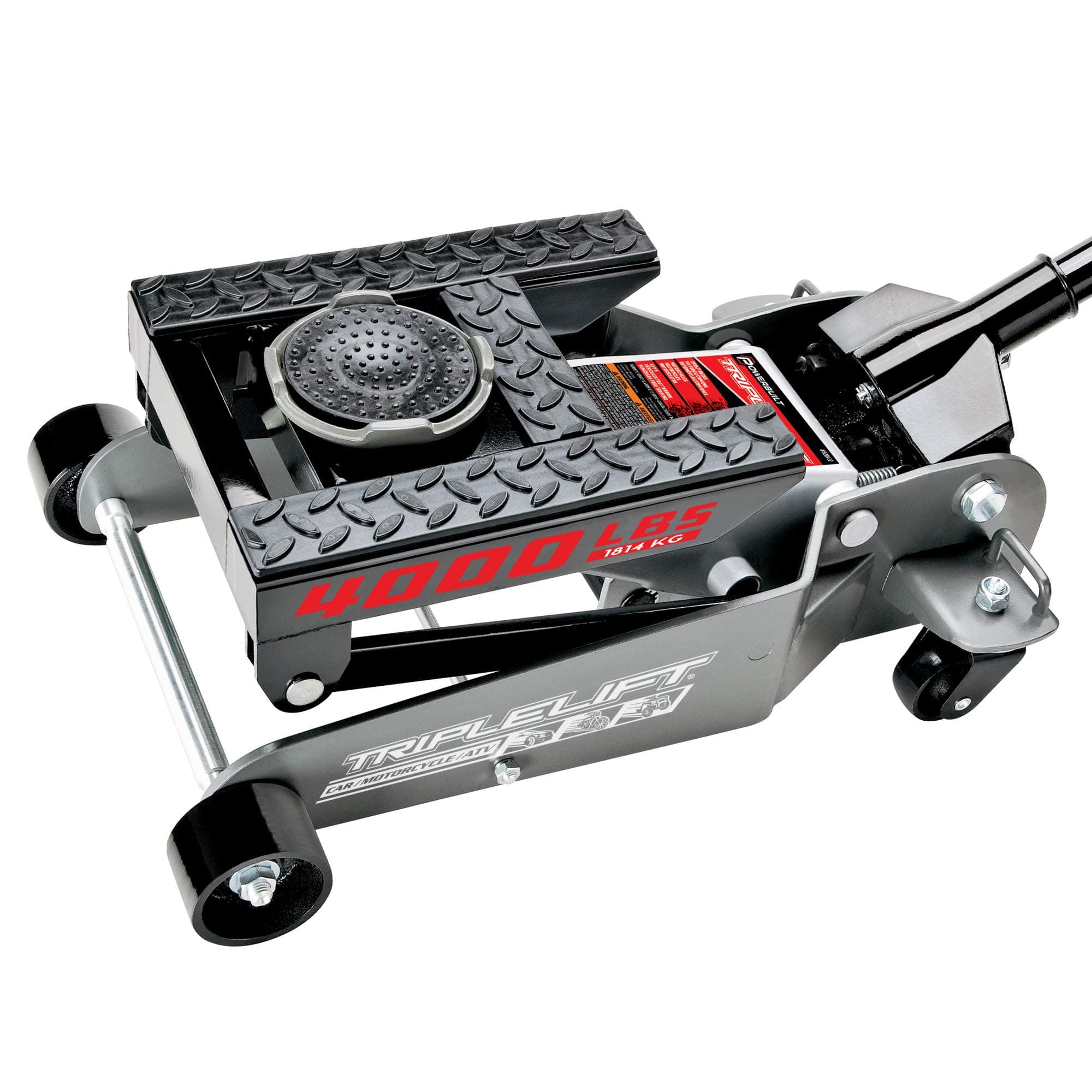 2 Ton Triple Lift Floor Jack, Works on Cars, Trucks, Motorcycles, ATV's, Transmissions, 4-3/4 to 17 in. Range, Wide and Stable, Locking Safety Bar - 620422E