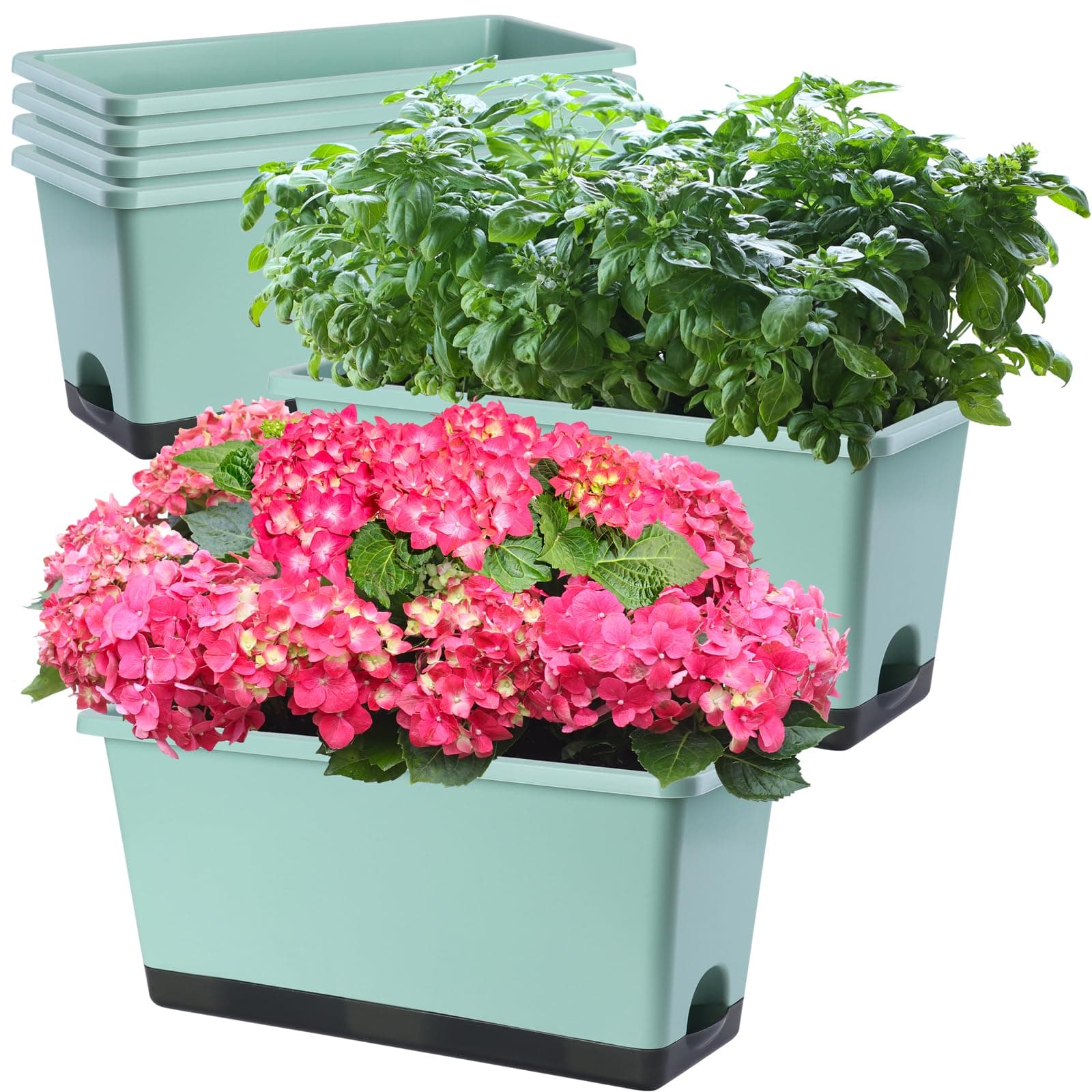 Window Box Planter 6 Pcs, 17 Inches Rectangle Flower Pots with Drainage Holes and Trays, Vegetable Planters for Windowsill Patio Garden Balcony Home Porch Yard Indoor Outdoor (Green, 17*7.4*7.8 inch)