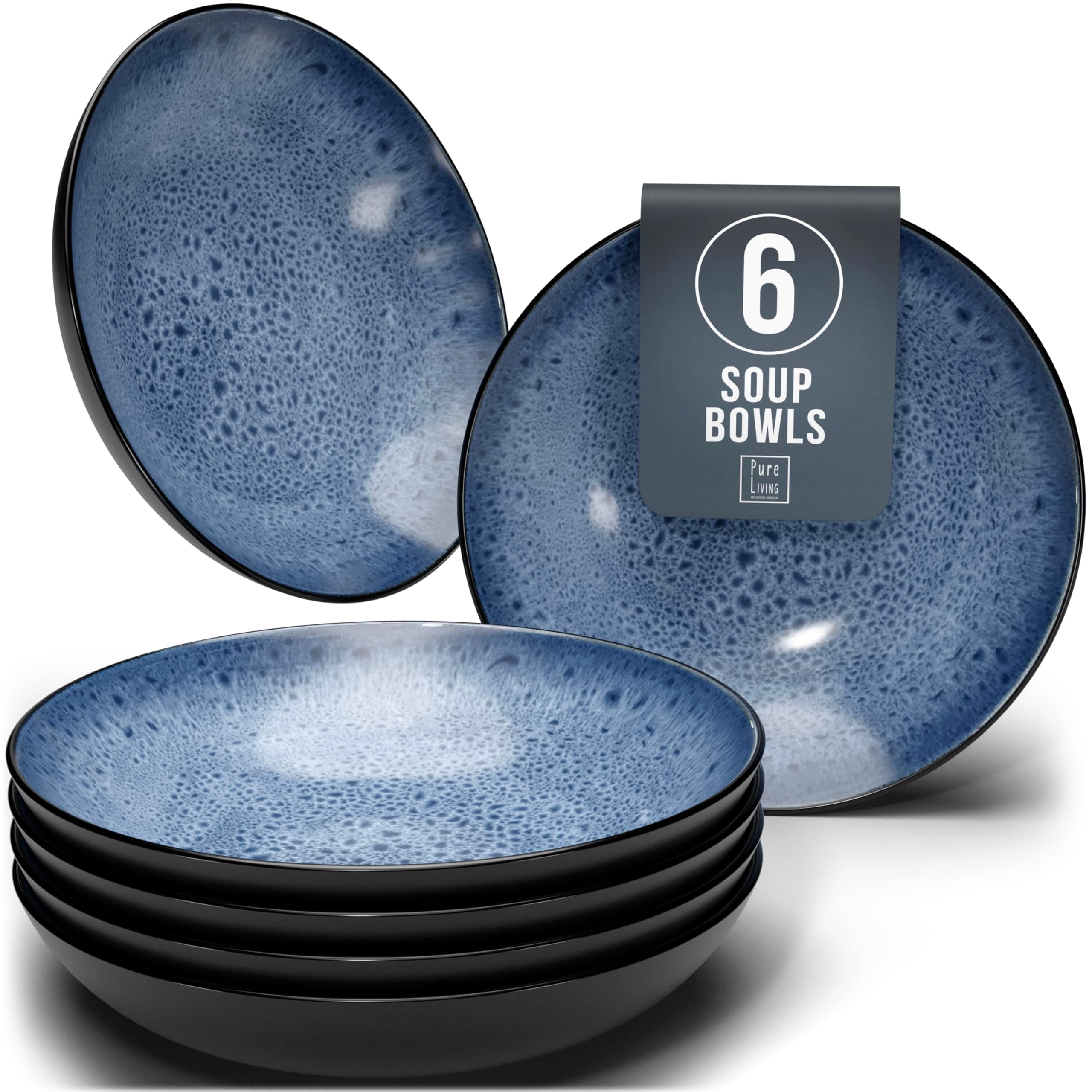 Stylish Stoneware Dinner Set - 6-Piece Deep Plates Set - Ibiza Series Deep Plates - Elegant Pasta and Soup Bowls for 6 - Pure Living Collection in Deep Blue