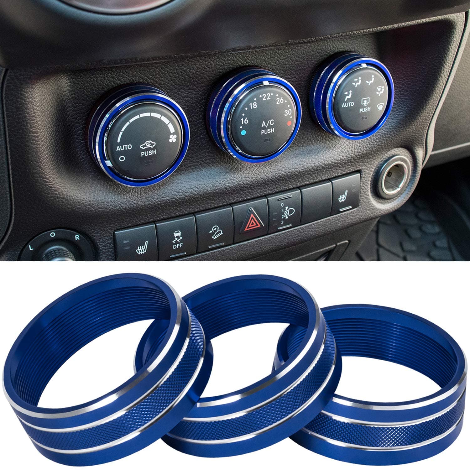 Audio Air Conditioning Button Cover Decoration Twist Switch Ring Trim for Jeep Wrangler JK JKU Patriot 2011-2018, Compass 11-16, Liberty 08-12, Dodge Challenger 08-14 Interior Accessories (Blue)