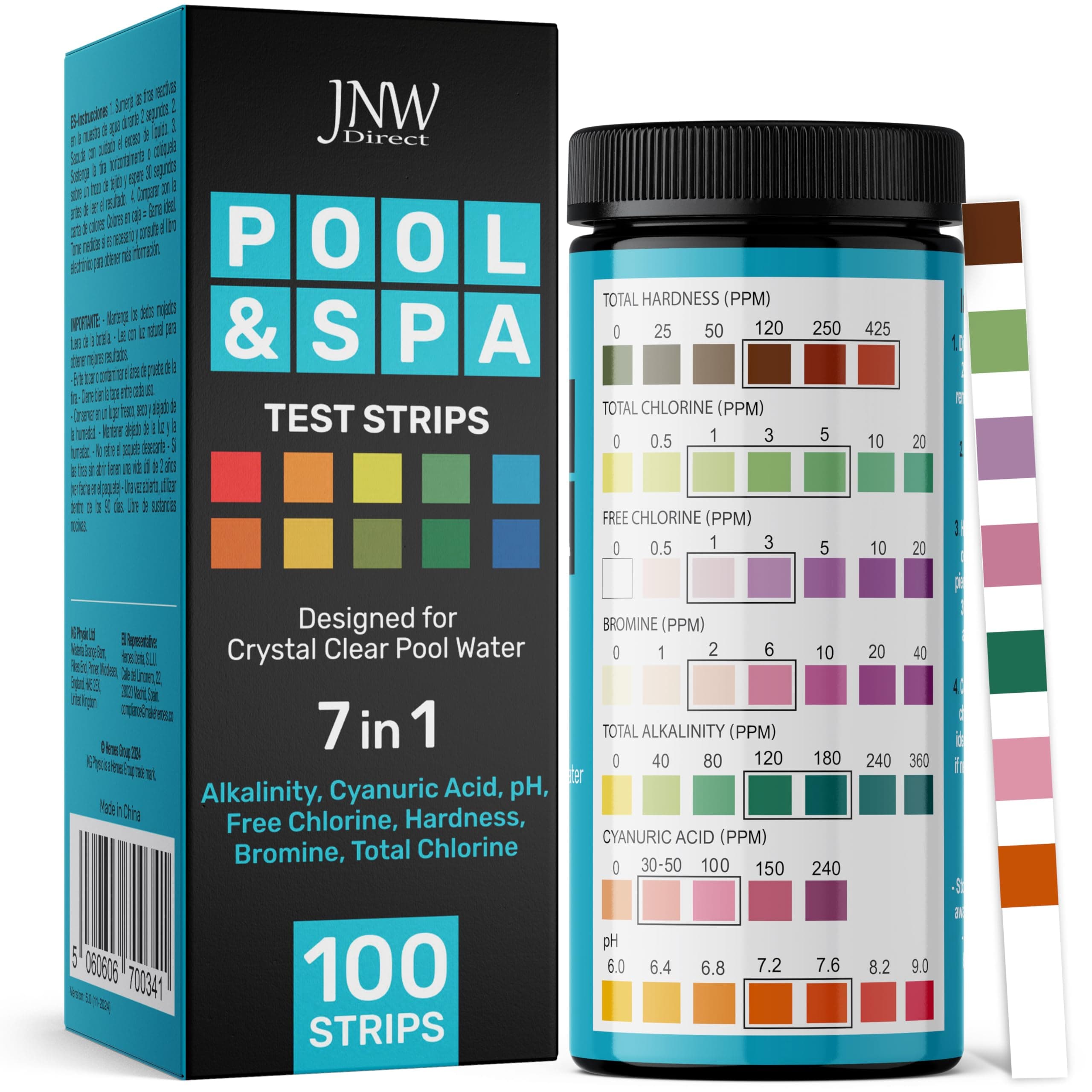JNW Direct Pool and Spa Test Strips - 100 Strip Pack, Test pH, Chlorine, Bromine, Hardness and More, Accurate 6-in-1 Swimming Pool Water Testing