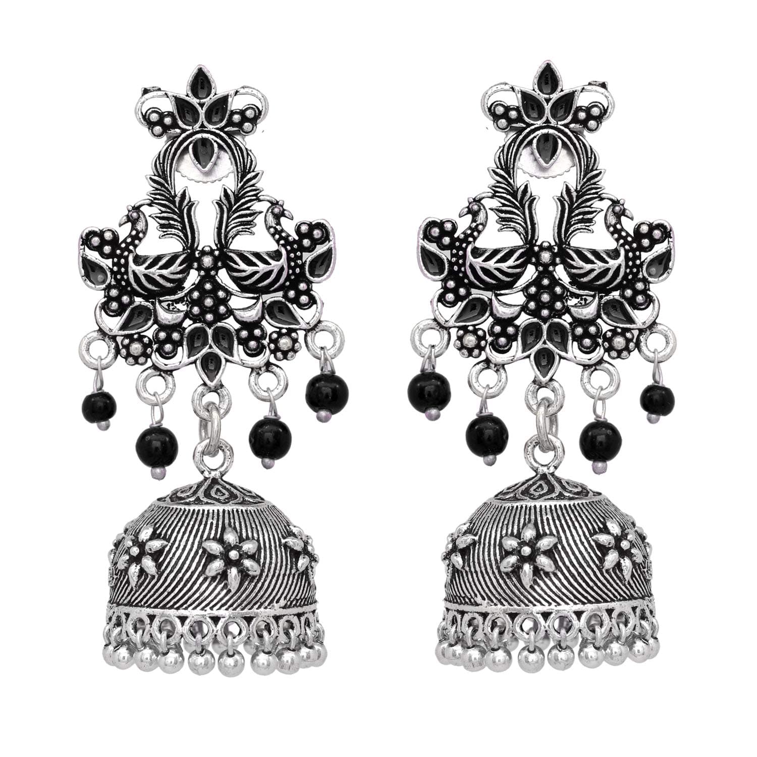 V L IMPEXOxidized Silver with Black Beads Brass Meena Work Jhumka Earrings for Women