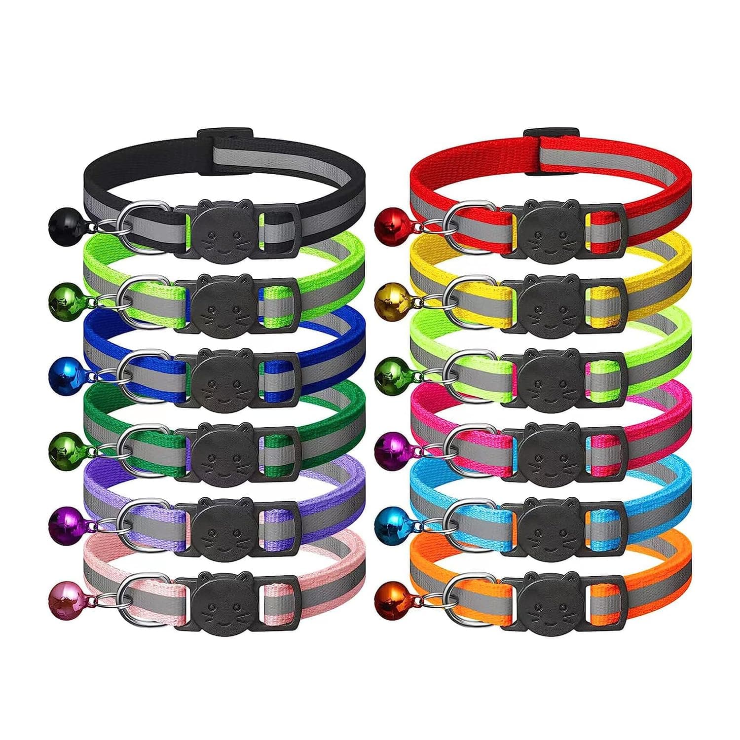 SereneStock 12-Pack Reflective Cat Collar with Bell - Breakaway Safe kitten collar Safety Quick Release Buckle - Adjustable Length (7.5''-12.5')' & Lightweight for Girl Boy (Mix Color)