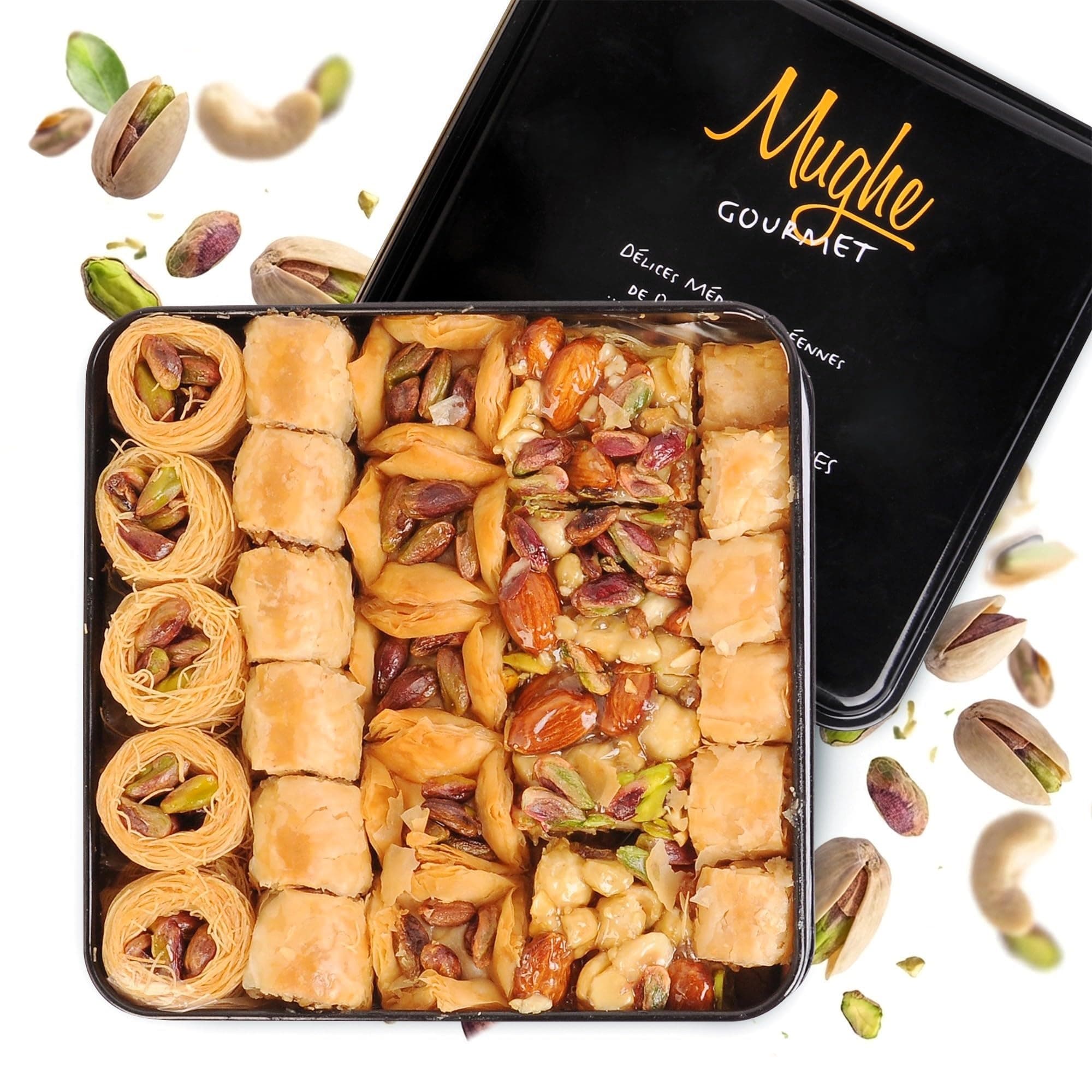 Mughe Gourmet Luxury Baklava Pastry Metal Gift Box - 1.65lb/750g - Rich Pistachios, Walnuts, Cashews Double Layered Halal Baklawa Dessert Basket- Perfect for Christmas, Sweet Food Gifts for Women, Men