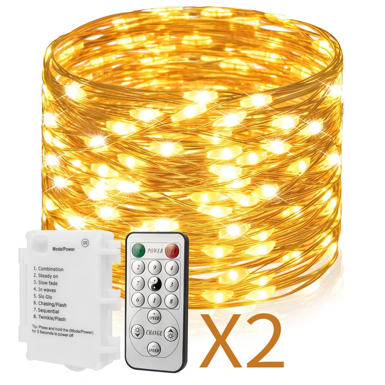 koopower[2 Pack] 36ft 100 LED Battery Operated String Lights Timer on Waterproof String with Remote (8 Modes, Dim+-), Warm White, Koopower