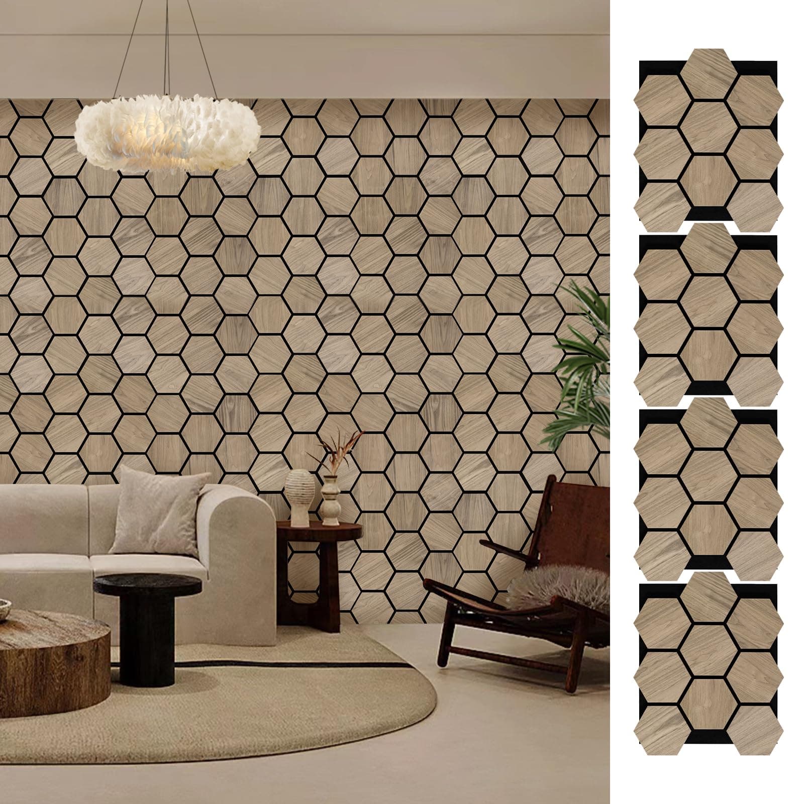 Wall Paneling for Interior Wall - 4 PCS Hexagon Wall Panels - Hexagon Acoustic Panels - Natural Walnut Wood Veneer Sound Proof Panels for Walls, Wood Slat Wall Panel 23.8" W x 29" L