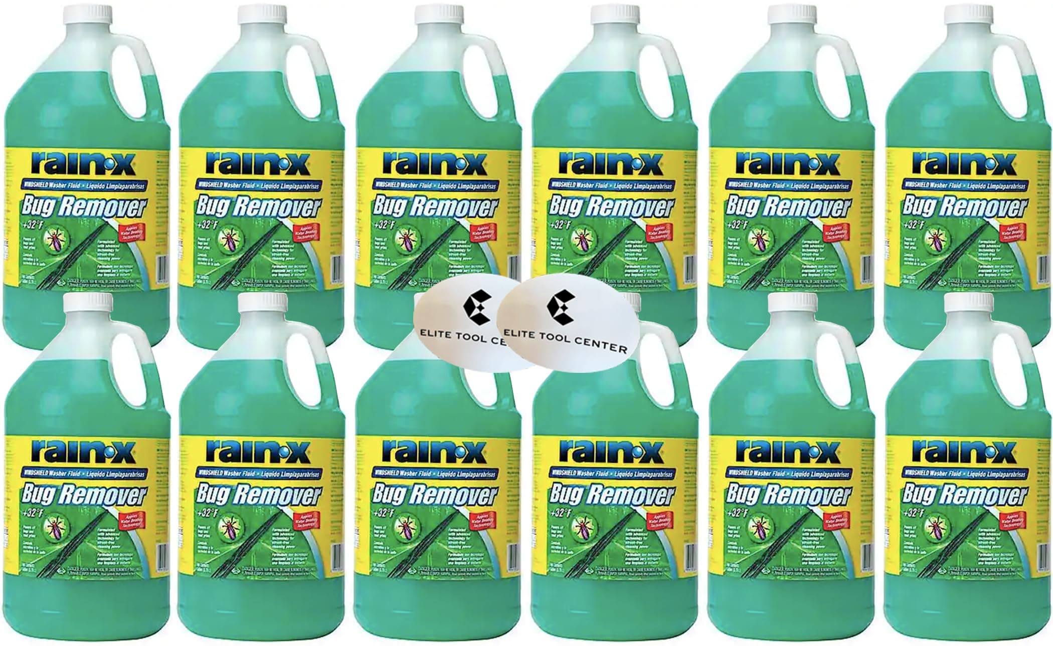 12 Pack Rain X Green Windshield Washer Fluid With Rain Repellant & Bug Remover 32* F All Weather Fluid 1 Gallon Each With Stickers