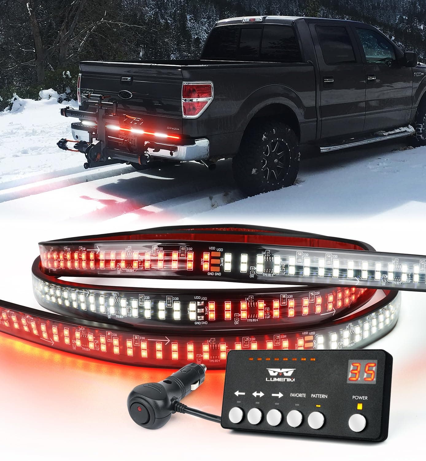 LUMENIX 49" Inch Strobe Light Strips, Back Window | Tailgate White Red Warning Emergency Flashing Firefighter Double Row LED Strip Flexible Lights Bar w/Controller for Fire Trucks POV Vehicles - 1PC