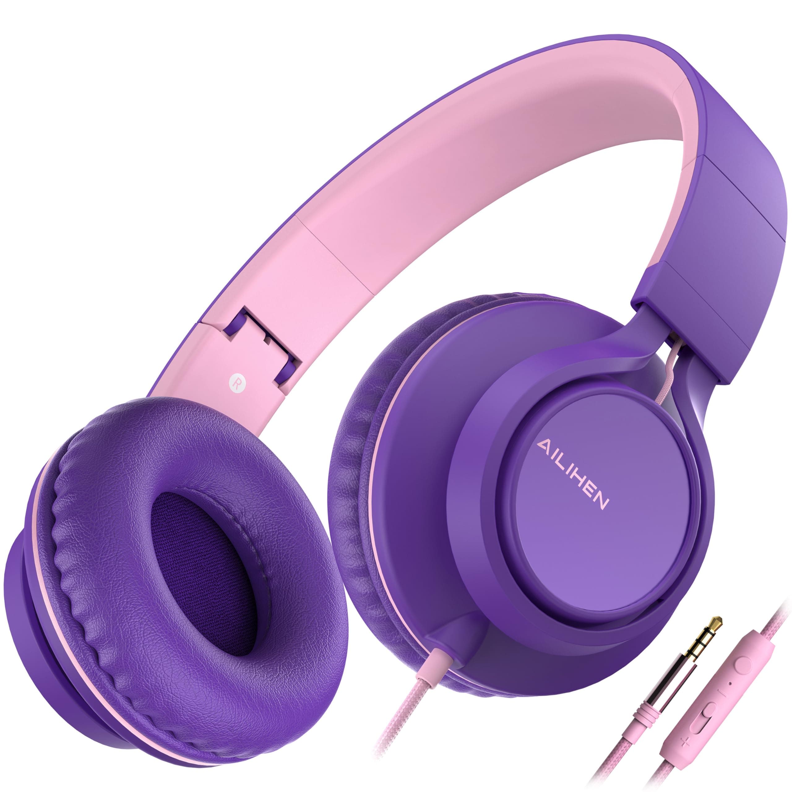 Ailihen C8 Headphones Wired with Microphone Foldable and Adjustable On-Ear Headsets Volume Control HD Stereo Sound 3.5mm Jack for Chromebook, Laptop, Smartphone, Study, Office, Travel (Purple Pink)ClimatePartner certified