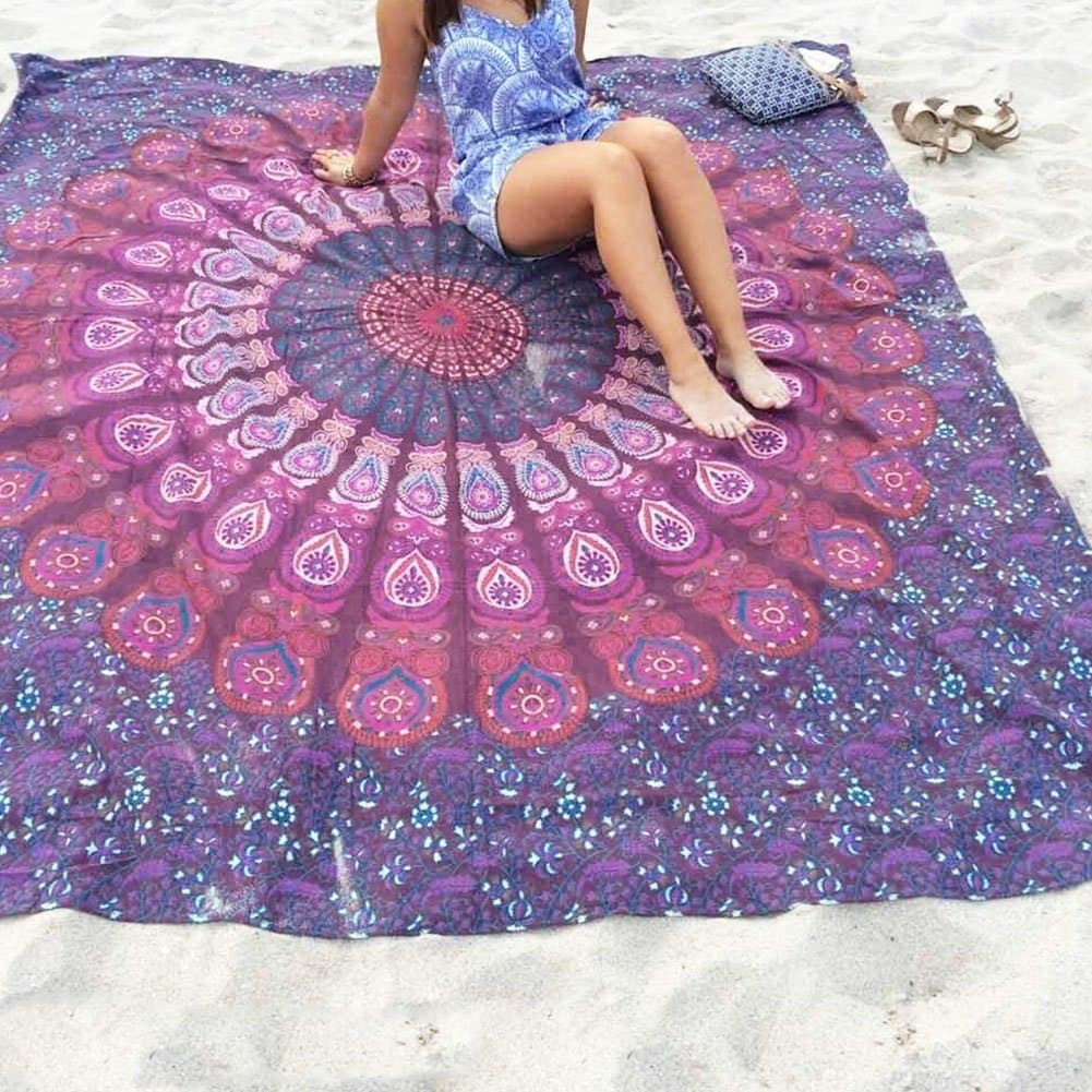 Lemon Hour Rectangle Round Tapestry Chiffon Tablecloth Indian Mandala Beach Towel Picnic Blanket Shawl (Purple ) (Polyester)
