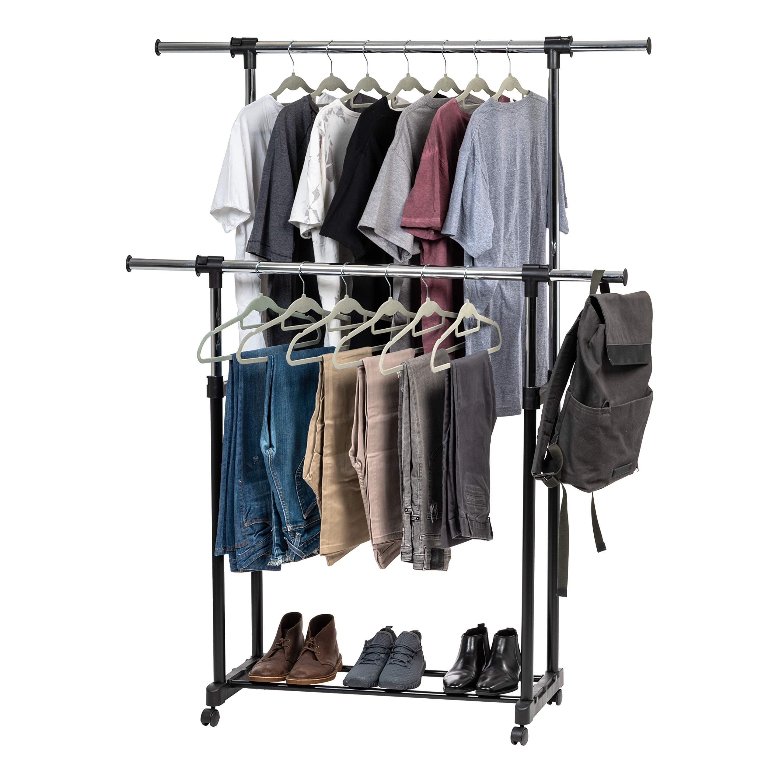 IRIS USA Portable Double-Rod Height Adjustable Clothes Rack with Extendable Bar and Lockable Wheels, Rolling Garment, Double Rod Wardrobe Rack, Easy Assemble, for Clothes, Belts, Shoes, and Bags