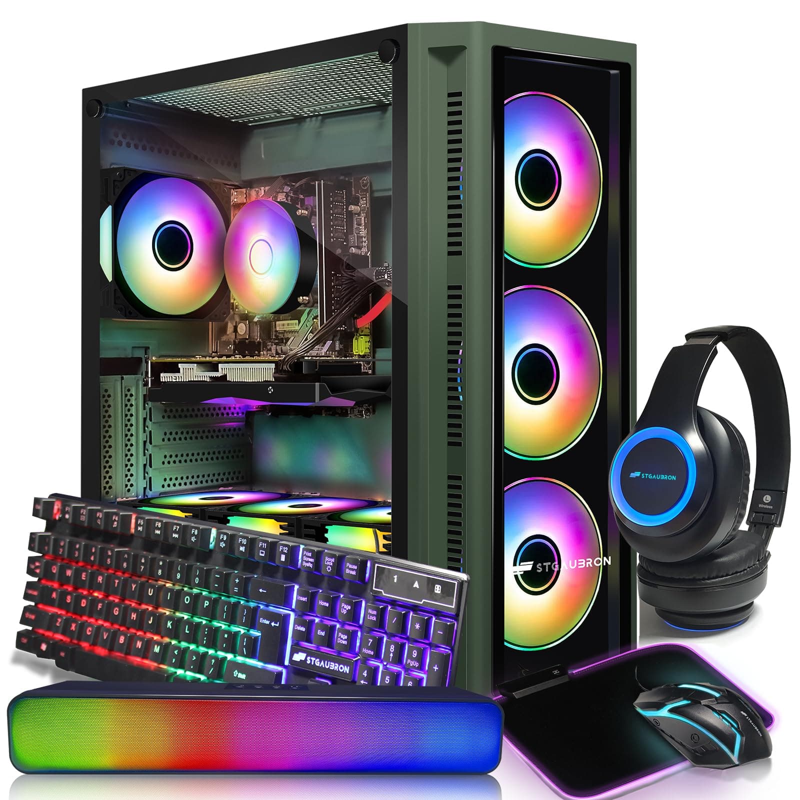 STGAubron Gaming PC Desktop, Intel Core i7-10700KF up to 5.1G, GeForce RTX 3060 Ti 8G, 32G DDR4, 2T SSD, WiFi, BT 5.0, RGB Fan x 6, RGB BT Sound Bar & Gaming Mic, Windows 11 Home