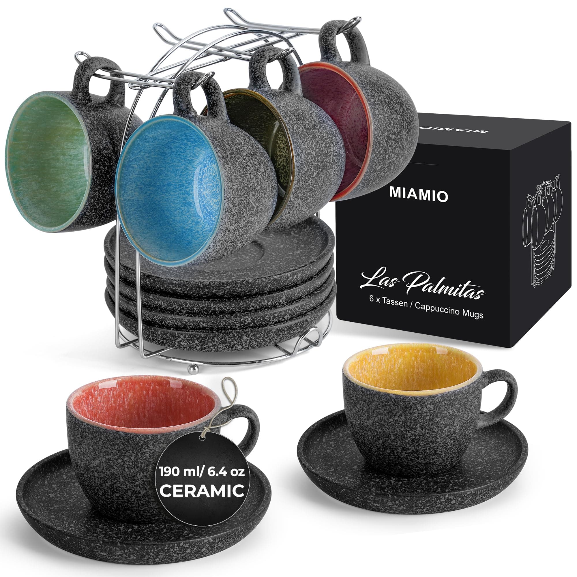 MIAMIO – 190 ml Ceramic Stackable Cappuccino Cup with Saucers and Metal Stand – Set of 6 Stoneware Cappuccino Mug Set for Specialty Coffee Drinks, Americano, Latte – Las Palmitas Collection