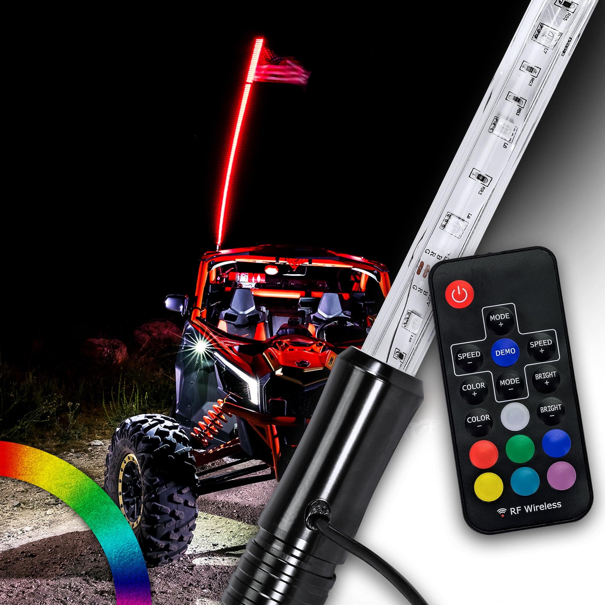 True Mods 6ft RGB LED Whip Light for UTV ATV [RF Wireless Remote] USA Flag Waterproof LED Lighted Whip CB Antenna Pole Stick for RZR Can-Am Polaris SxS 4x4 Quad Dune Buggy 4 Wheeler Accessories